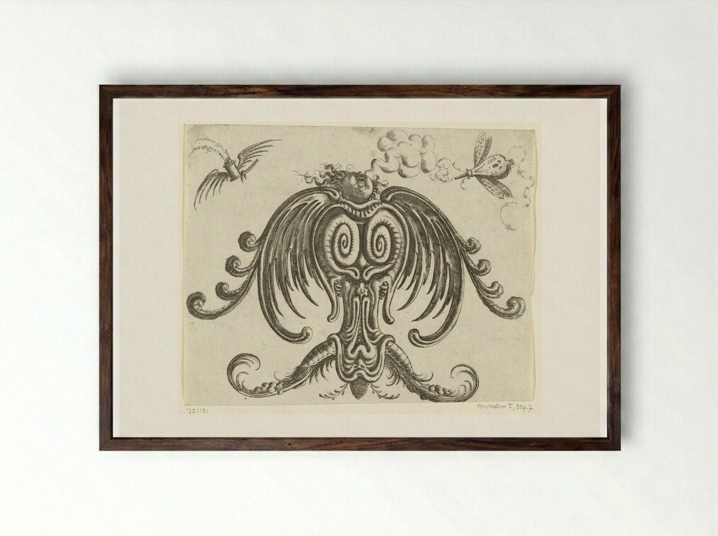 Grotesque Ornament with Looking-Up Angel - Christoph Jamnitzer - Framed Print Dark Wood