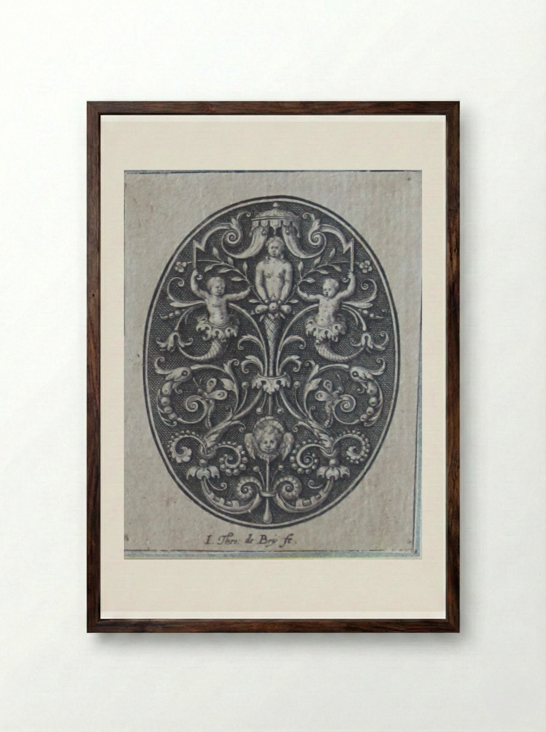 Grotesque with Female Torso Flanked by Putti Supporting a Canopy and Holding Blossoming Branches - Johann Theodor de Bry - Framed Print Dark Wood