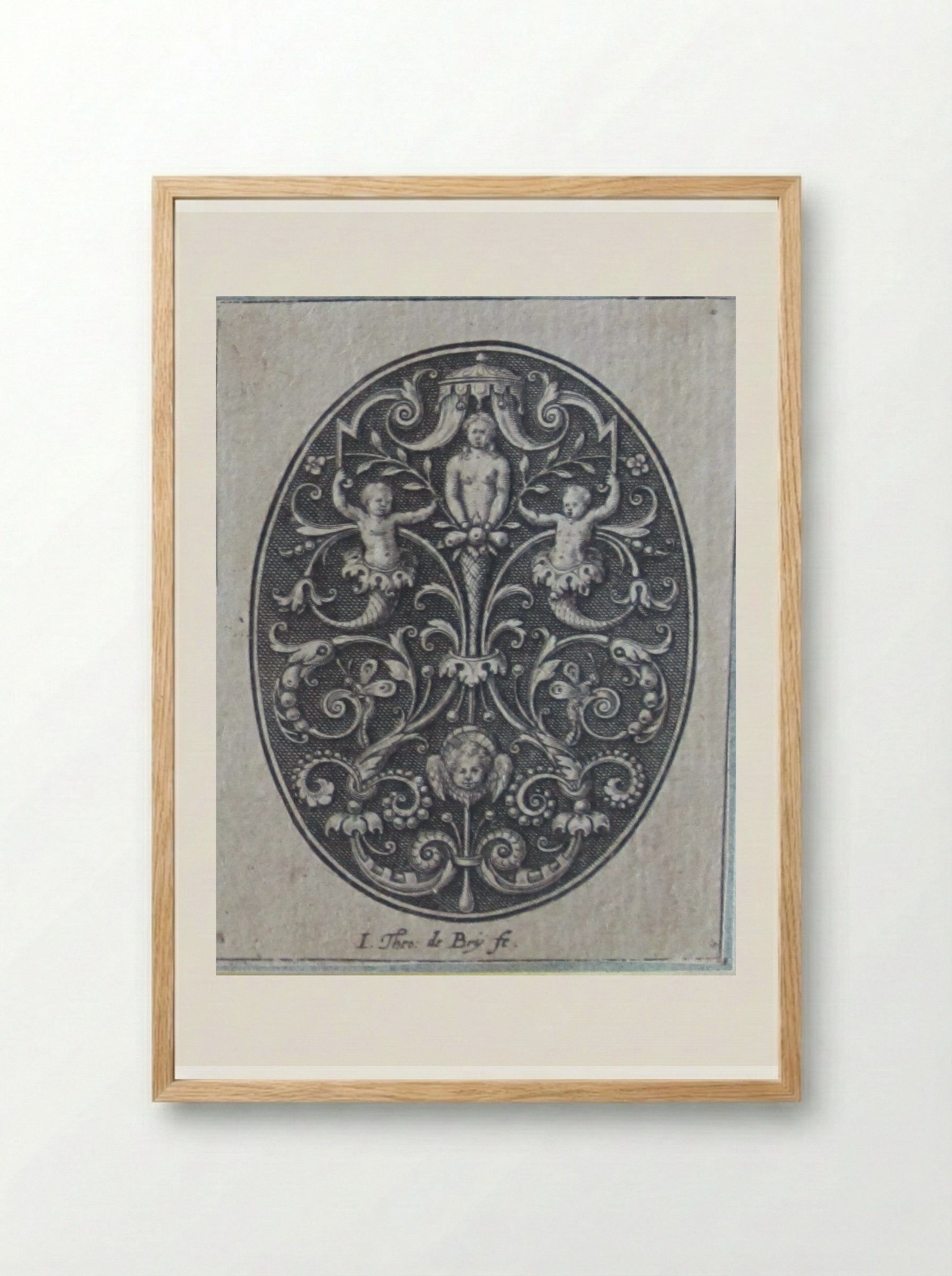 Grotesque with Female Torso Flanked by Putti Supporting a Canopy and Holding Blossoming Branches - Johann Theodor de Bry - Framed Print Wood
