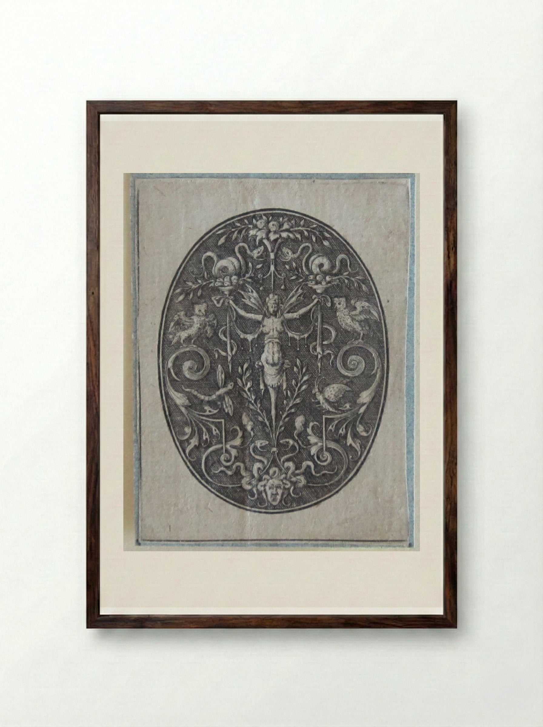 Grotesque with a Winged Female Torso Flanked by Owls - Johann Theodor de Bry - Framed Print Dark Wood