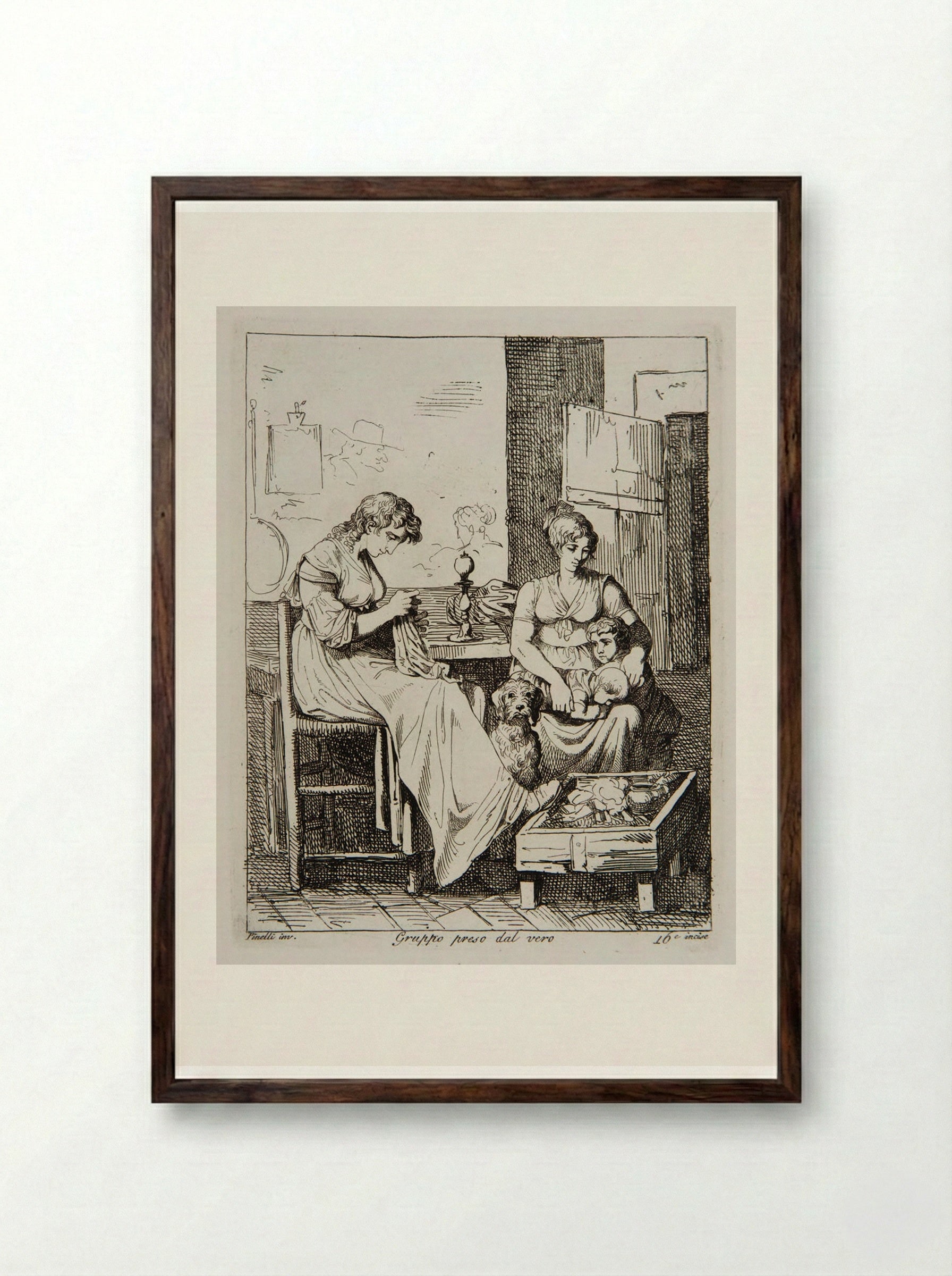 Group Caught in a Moment of Truth - Bartolomeo Pinelli - Framed Print Dark Wood