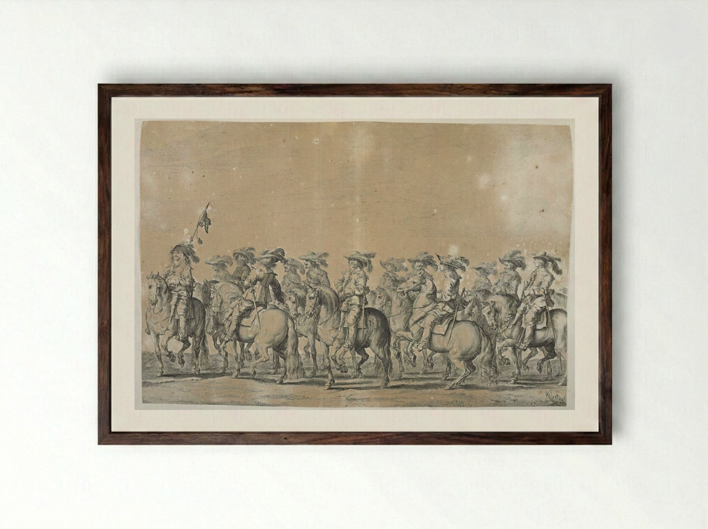 Group of Courtiers on Horseback Led by Figure with Flag - Pieter Nolpe - Framed Print Dark Wood