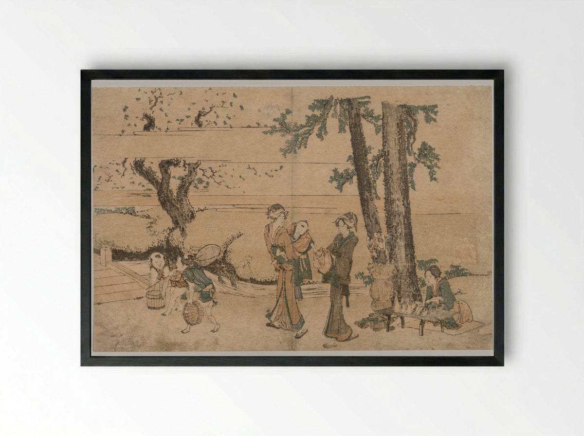 Group of Figures near a Brook - Katsushika Hokusai - Framed Print Black