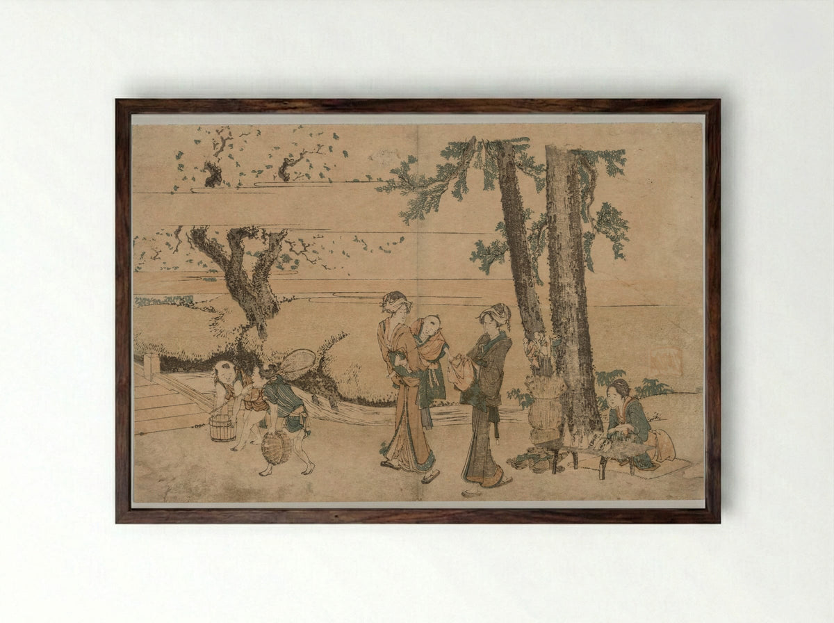 Group of Figures near a Brook - Katsushika Hokusai - Framed Print Dark Wood
