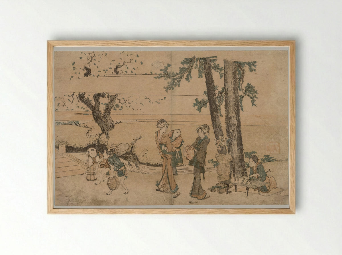 Group of Figures near a Brook - Katsushika Hokusai - Framed Print Wood