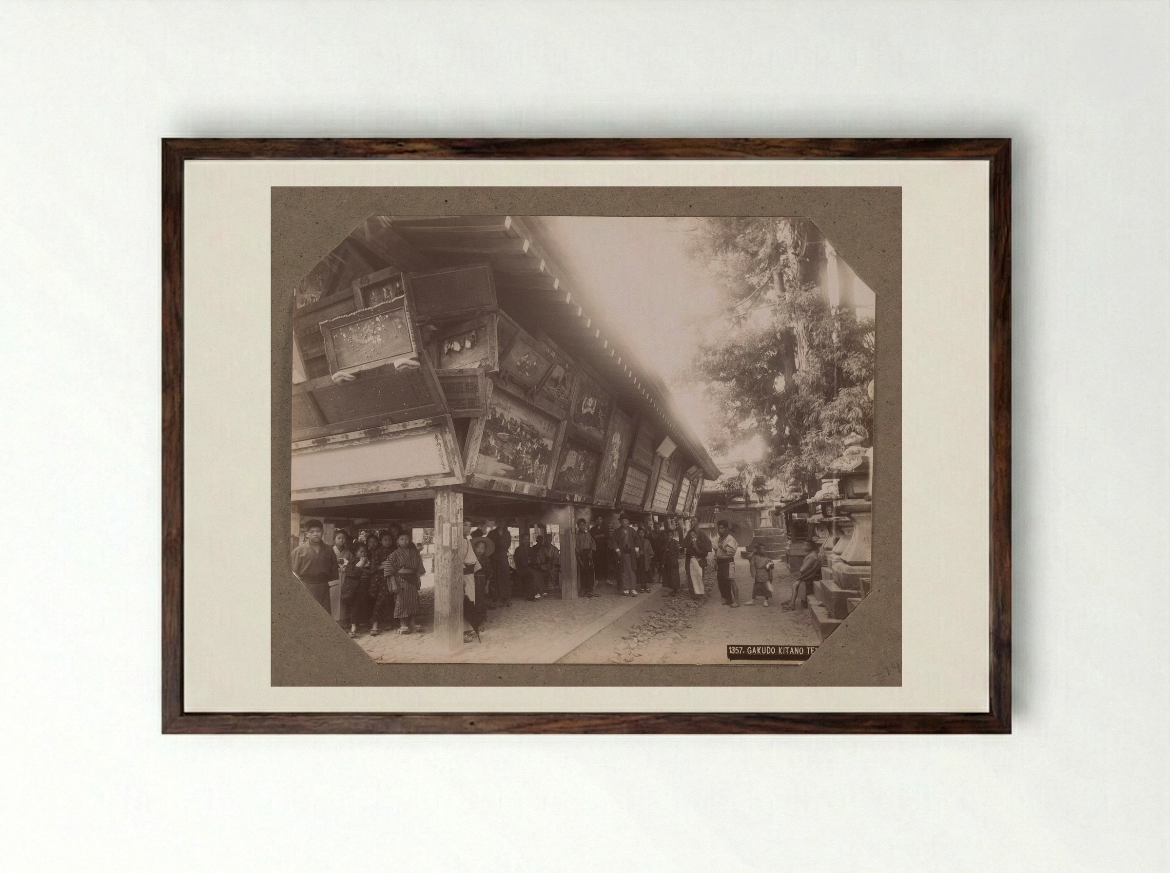 Group of Men at Kitano Tenmangu Temple, Kyoto - Kusakabe Kimbei - Framed Print Dark Wood
