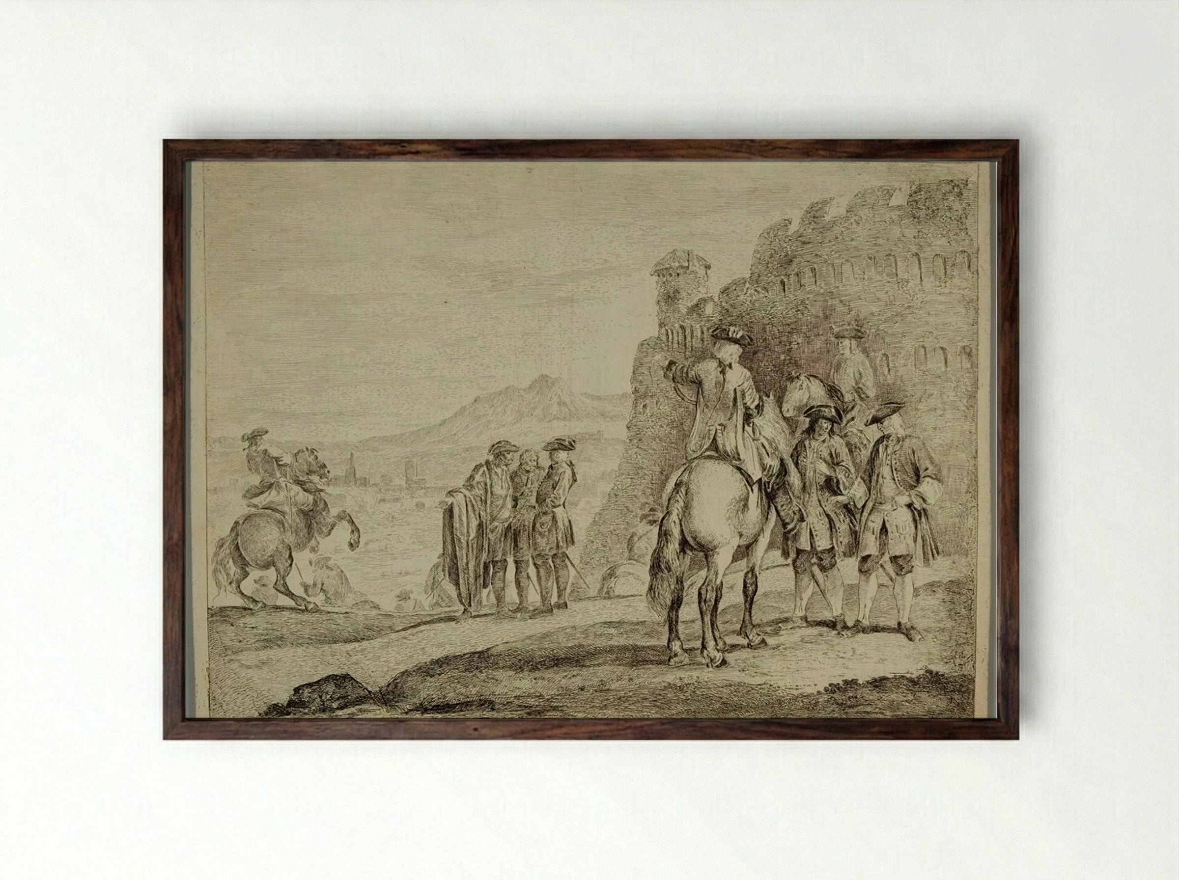 Group of Soldiers at the Foot of a Ruin - Domenico Bernardo Zilotti - Framed Print Dark Wood