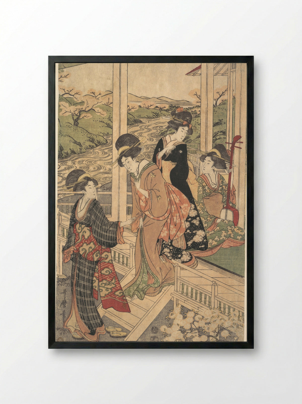 Group of Women on the Engawa of a Country House, in the time of the Cherry Blossoming - Utamaro II - Framed Print Black