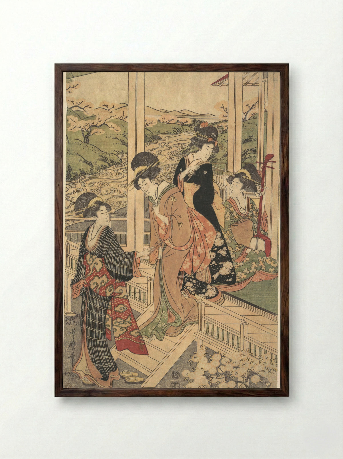Group of Women on the Engawa of a Country House, in the time of the Cherry Blossoming - Utamaro II - Framed Print Dark Wood