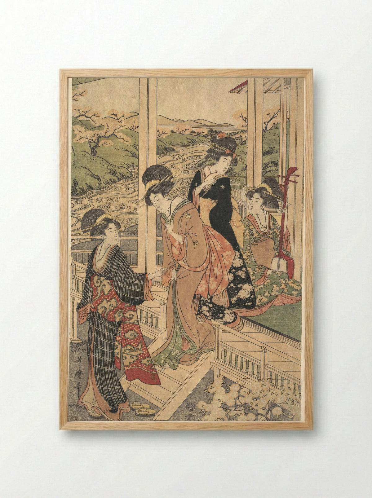 Group of Women on the Engawa of a Country House, in the time of the Cherry Blossoming - Utamaro II - Framed Print Wood