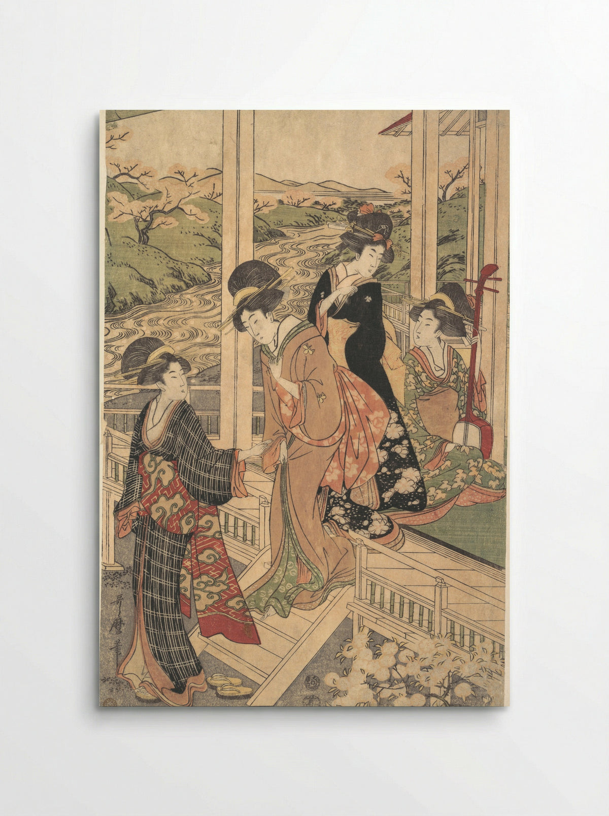 Group of Women on the Engawa of a Country House, in the time of the Cherry Blossoming - Utamaro II - Poster