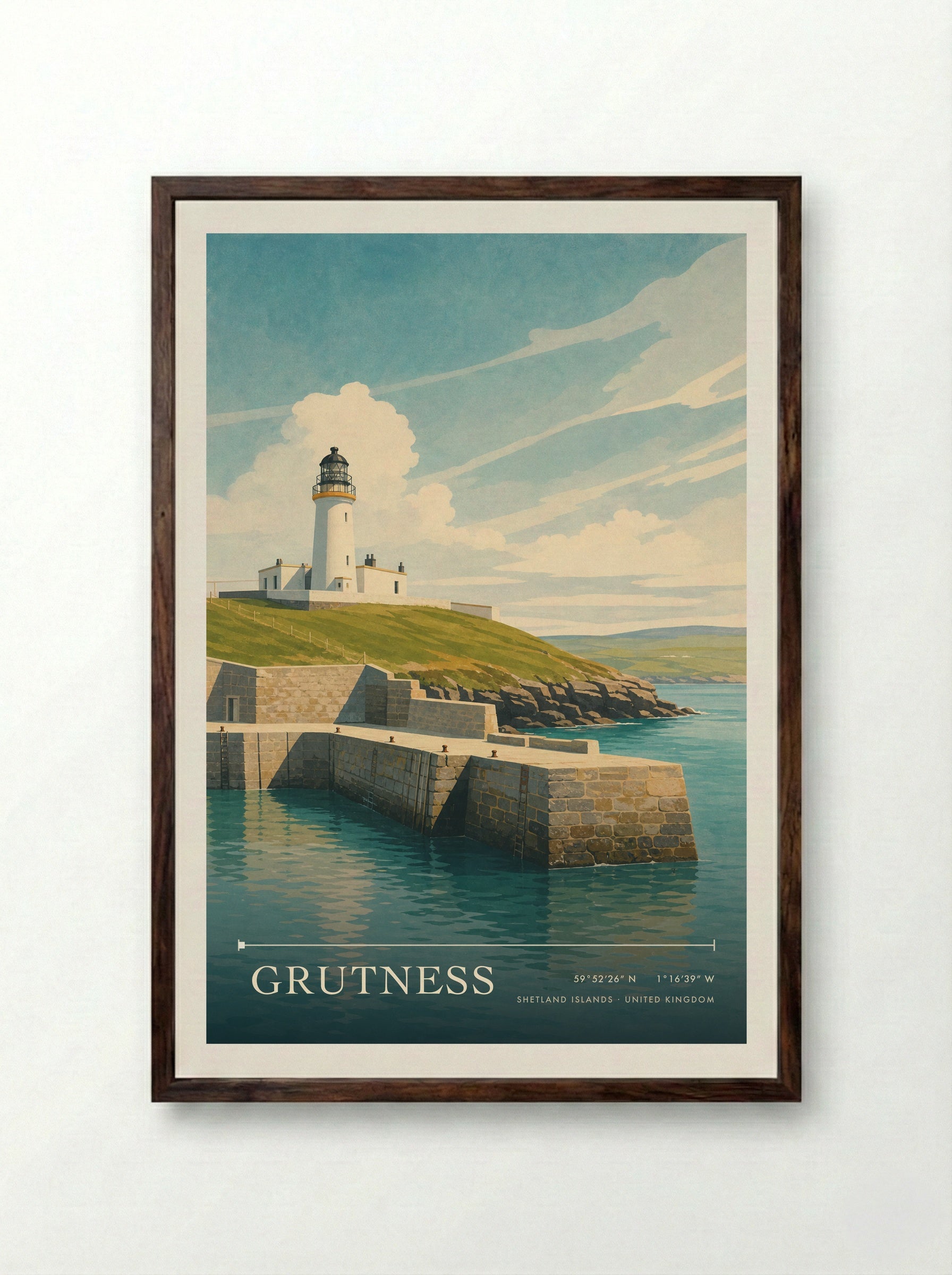 Grutness Shetland Islands United Kingdom Travel Poster - Framed Print Dark Wood
