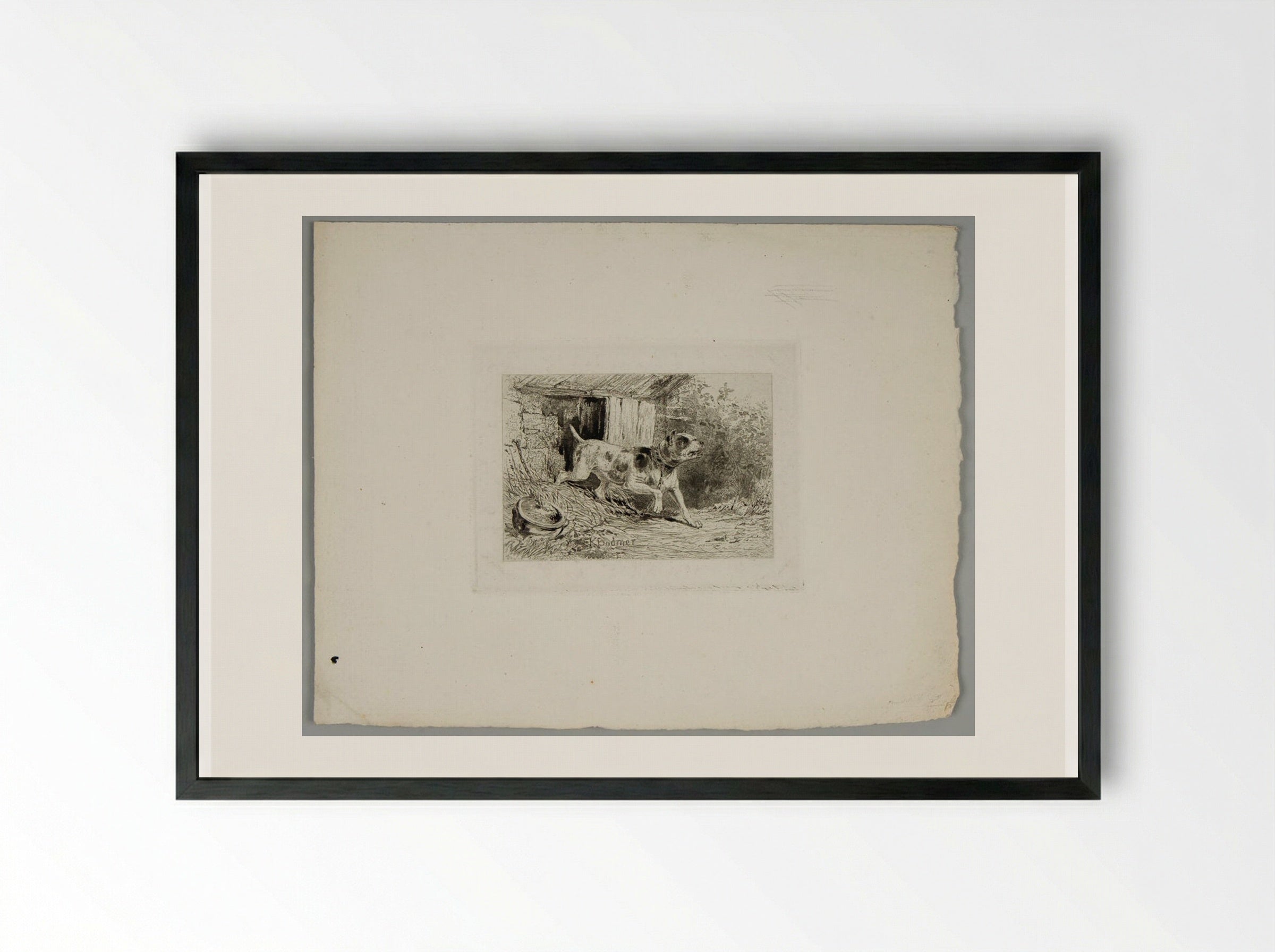 Guard Dog at His Kennel - Karl Bodmer - Framed Print Black