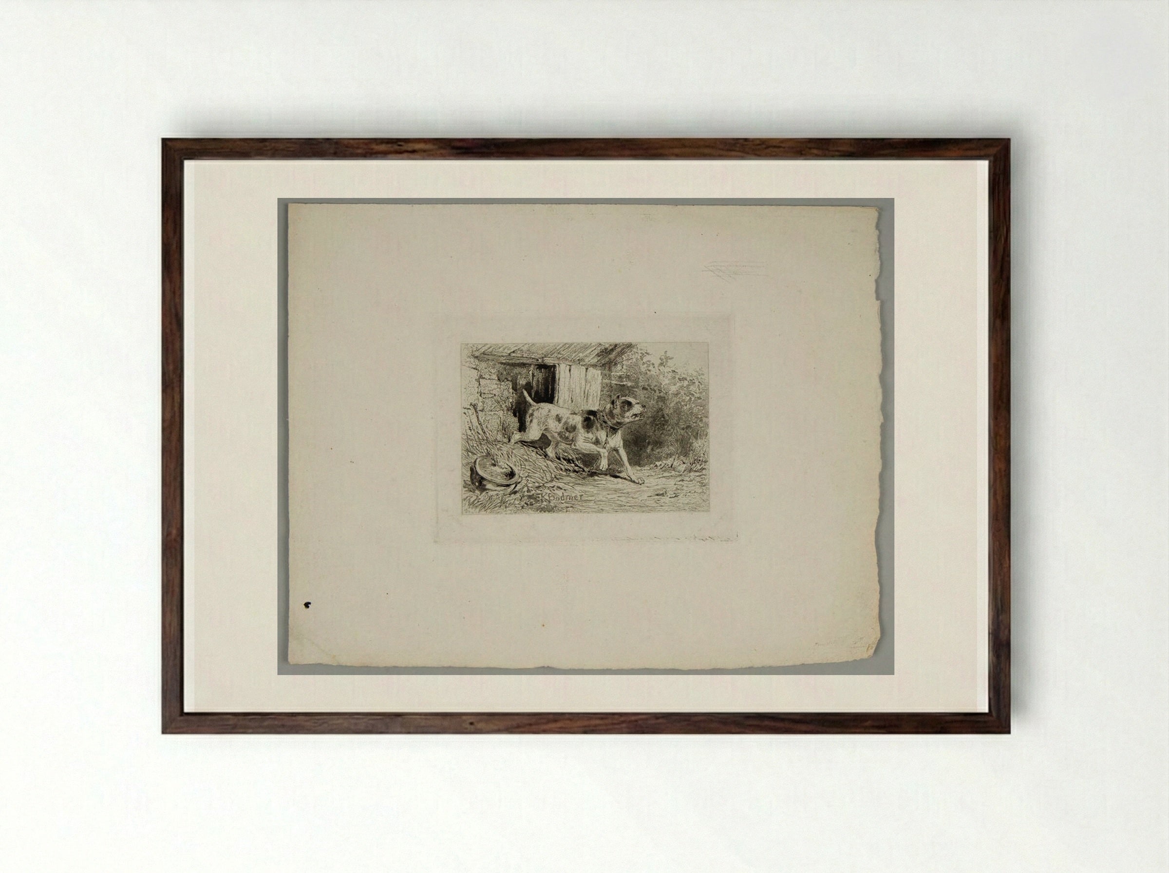 Guard Dog at His Kennel - Karl Bodmer - Framed Print Dark Wood