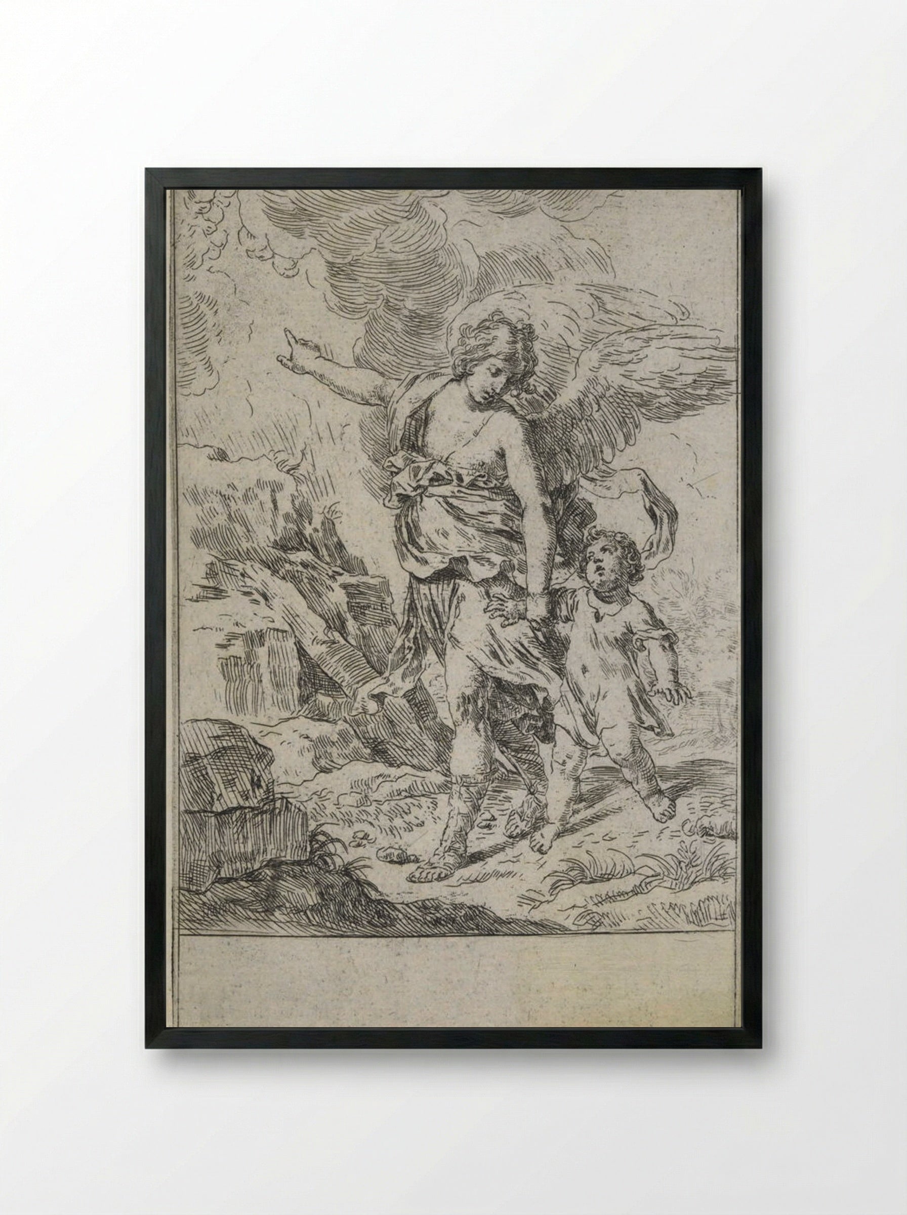 Guardian Angel leading a child - Simone Cantarini - Framed Print Black