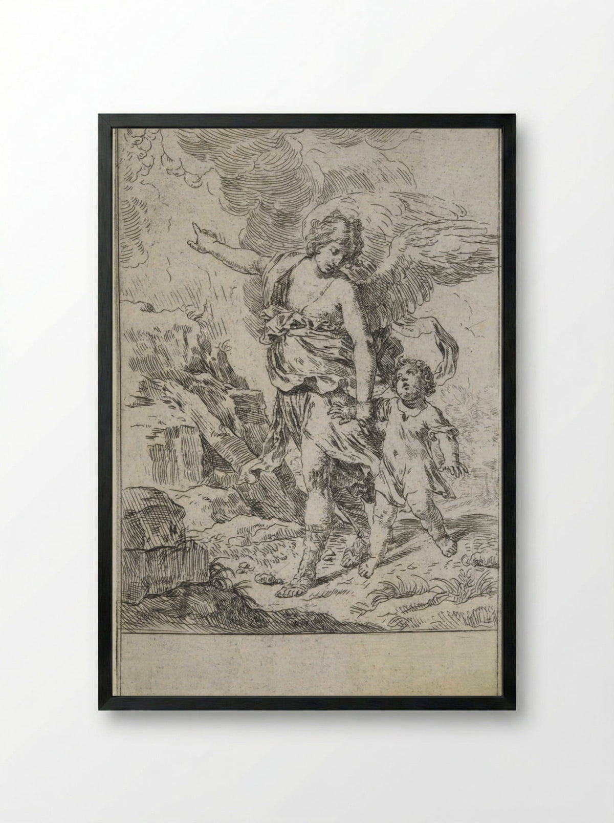 Guardian Angel leading a child - Simone Cantarini - Framed Print Black