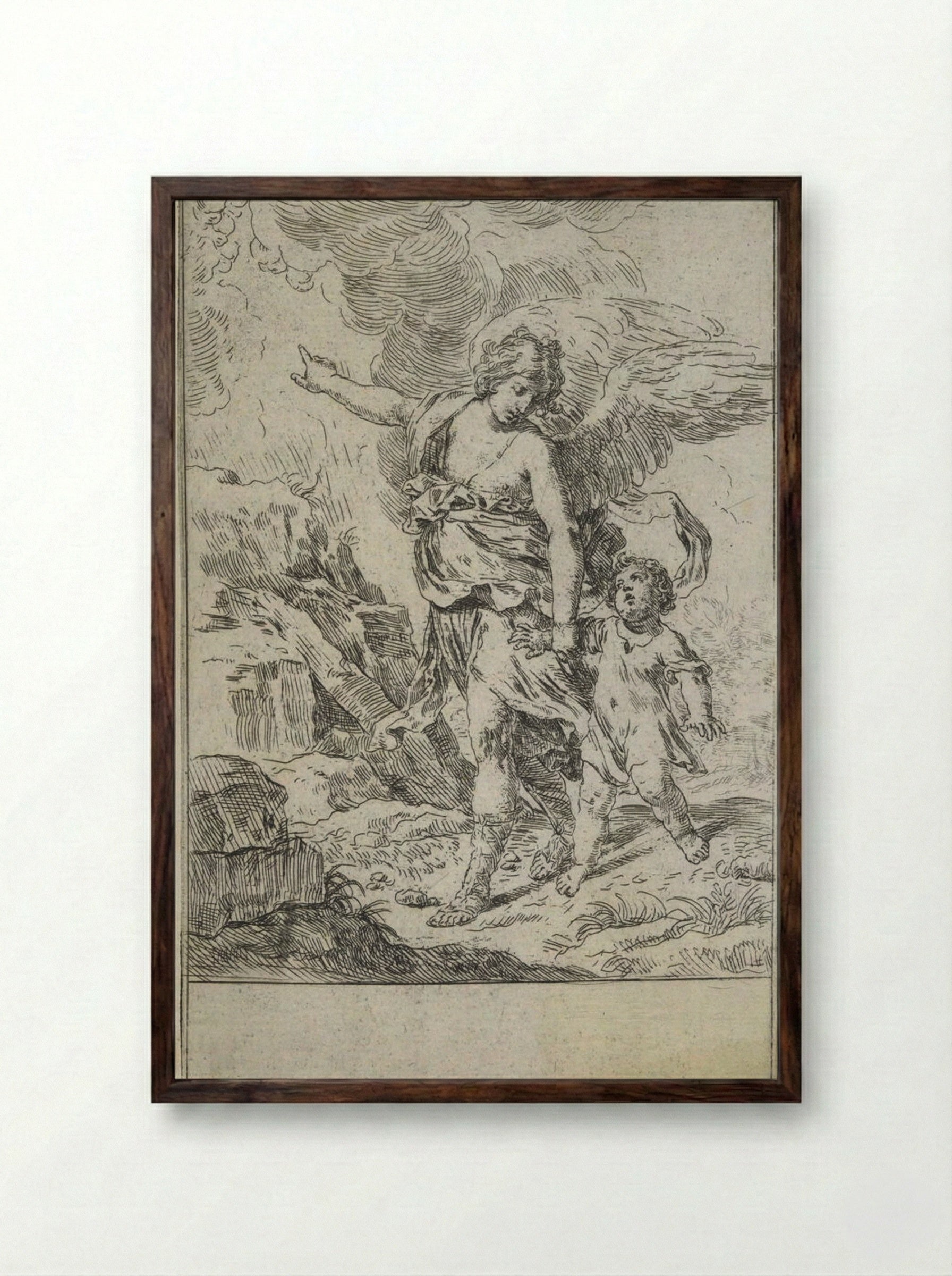 Guardian Angel leading a child - Simone Cantarini - Framed Print Dark Wood