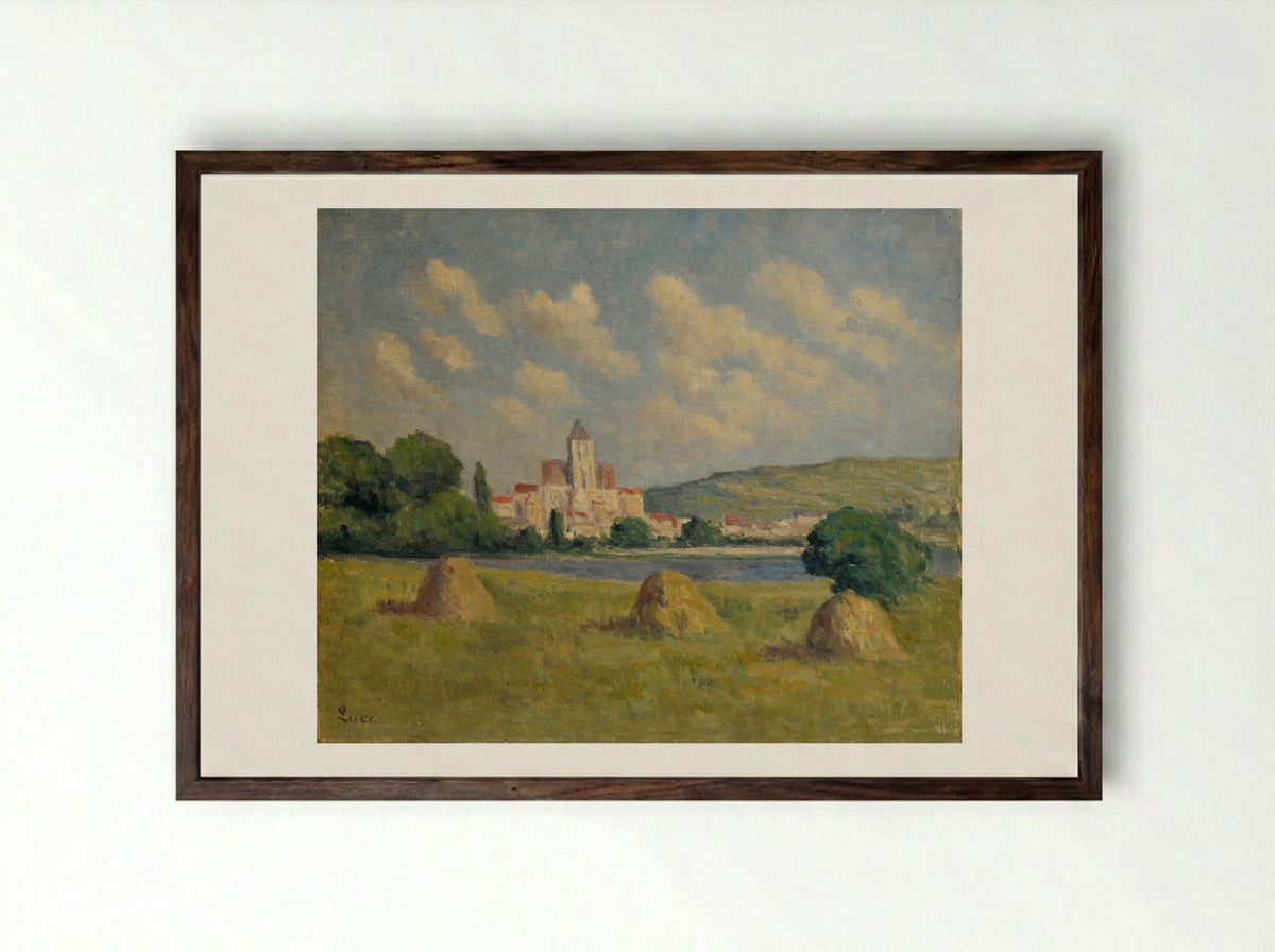 Guernes, The Church And The Fields - Maximilien Luce - Framed Print Dark Wood
