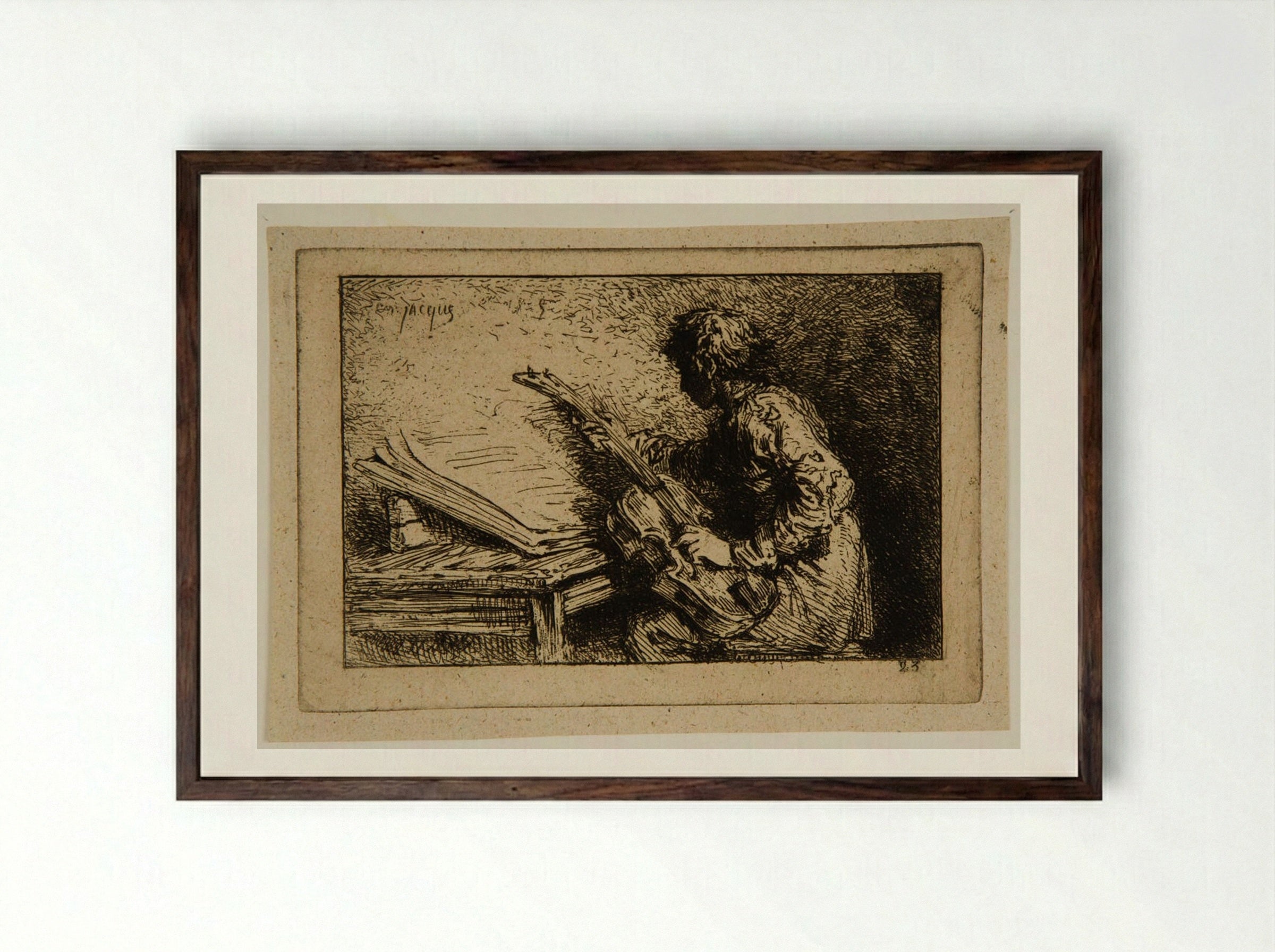 Guitar Player - Charles-Émile Jacque - Framed Print Dark Wood