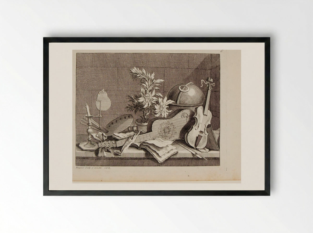 Guitar, Violin, and a Painter's Palette - Gabriel Huquier - Framed Print Black