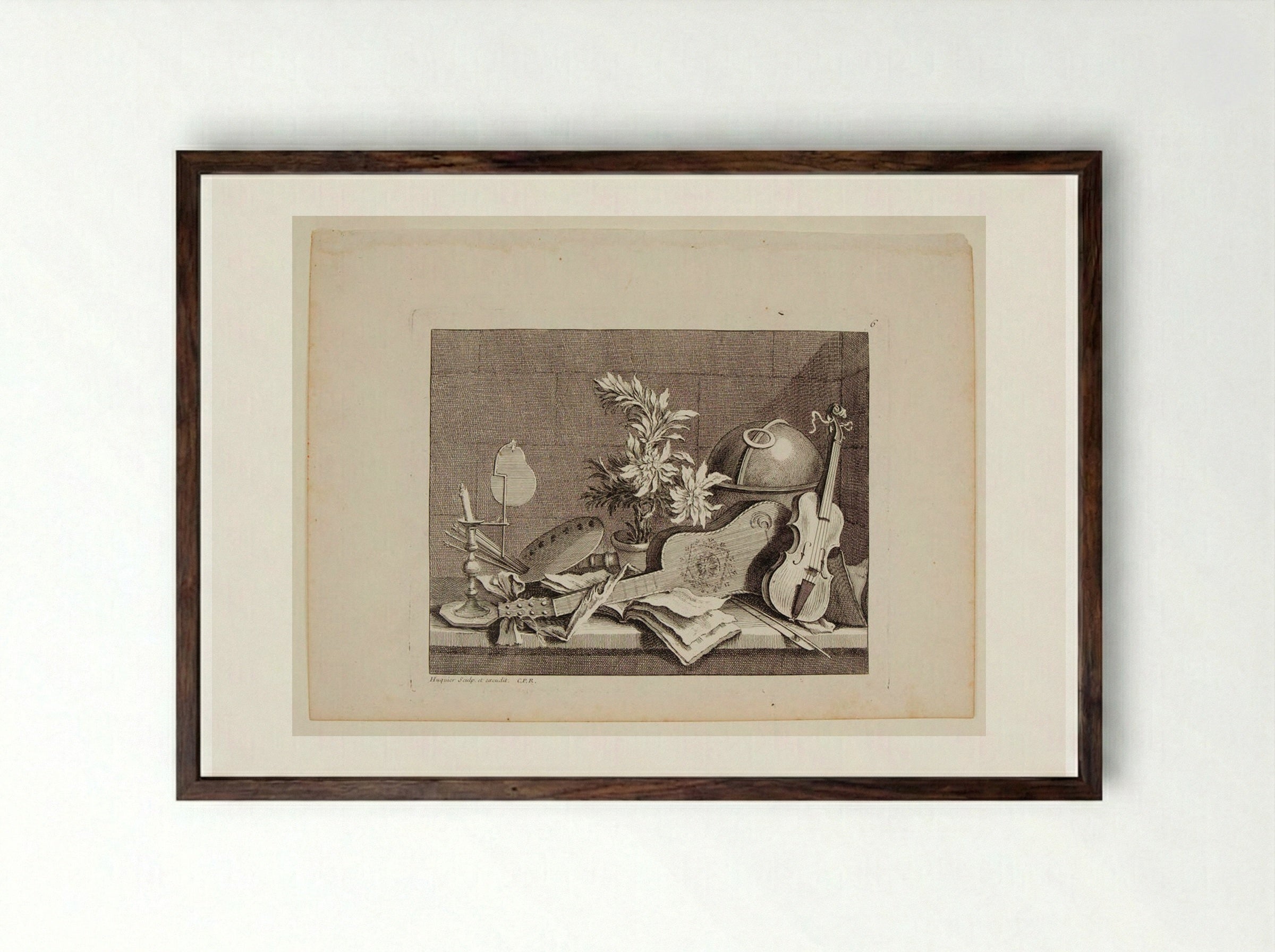 Guitar, Violin, and a Painter's Palette - Gabriel Huquier - Framed Print Dark Wood