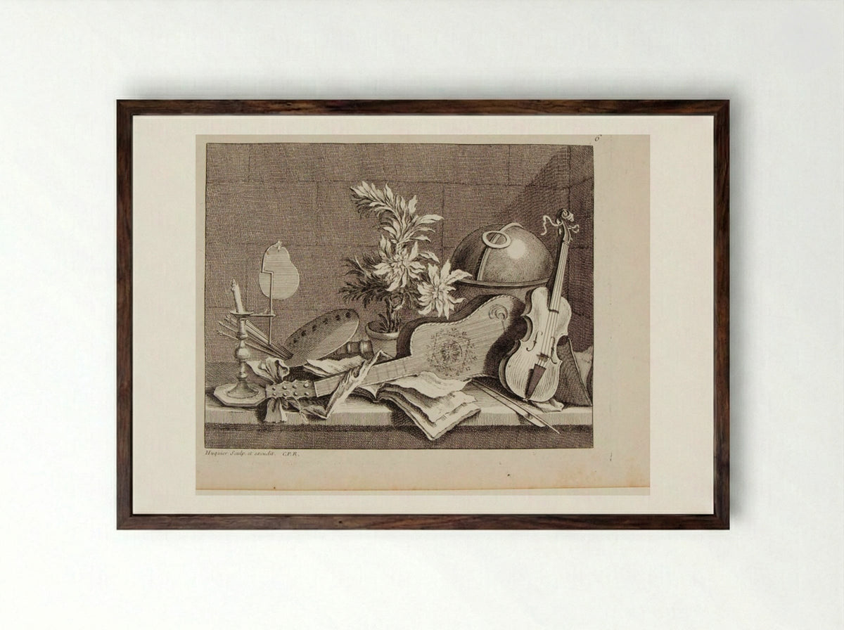 Guitar, Violin, and a Painter's Palette - Gabriel Huquier - Framed Print Dark Wood