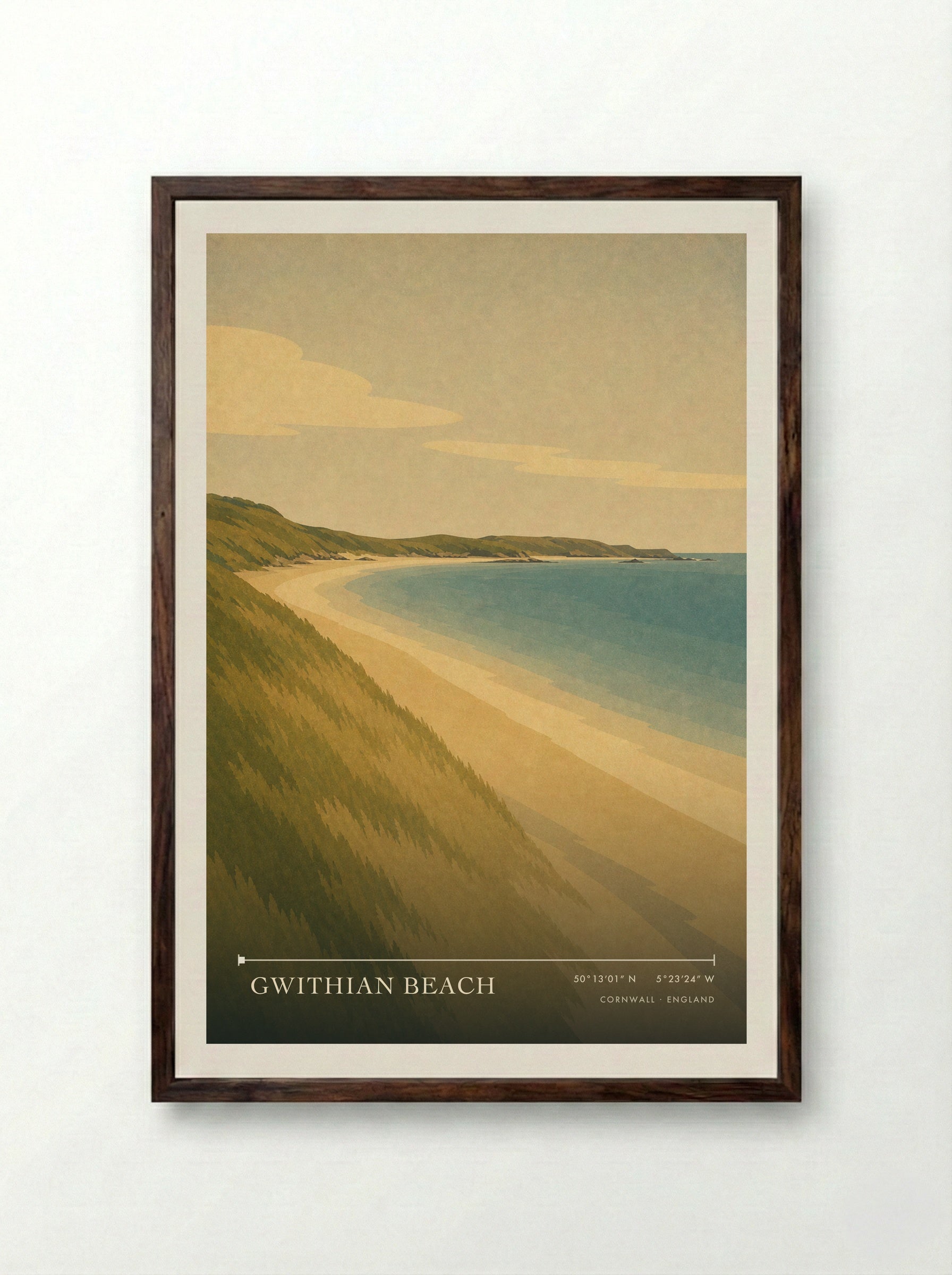 Gwithian Beach Cornwall England Travel Poster - Framed Print Dark Wood