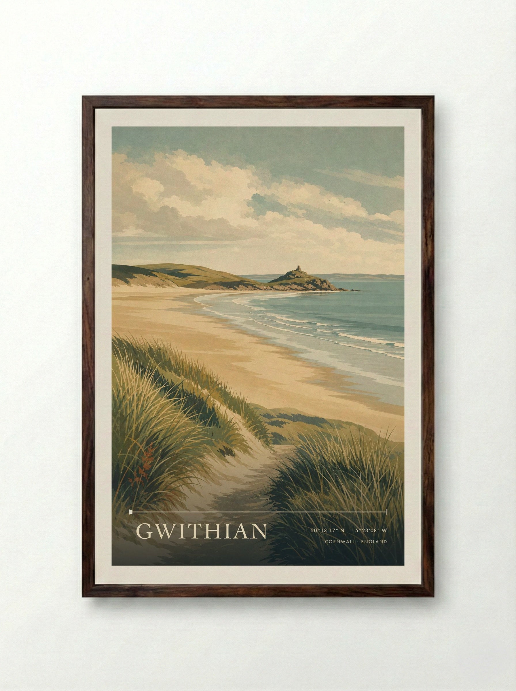 Gwithian Cornwall England Travel Poster - Framed Print Dark Wood