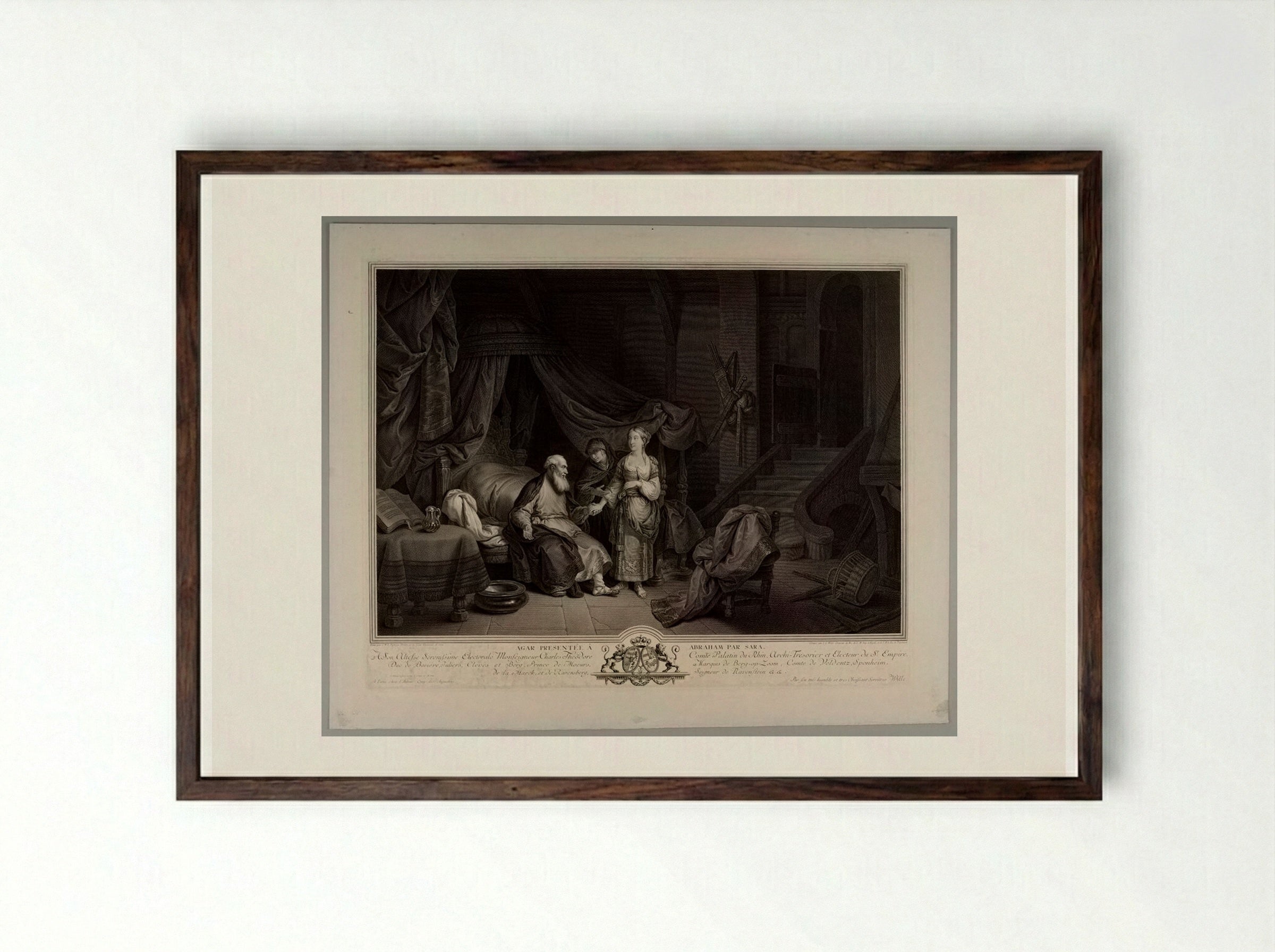 Hagar Presented to Abraham by Sara - Johann Georg Wille - Framed Print Dark Wood