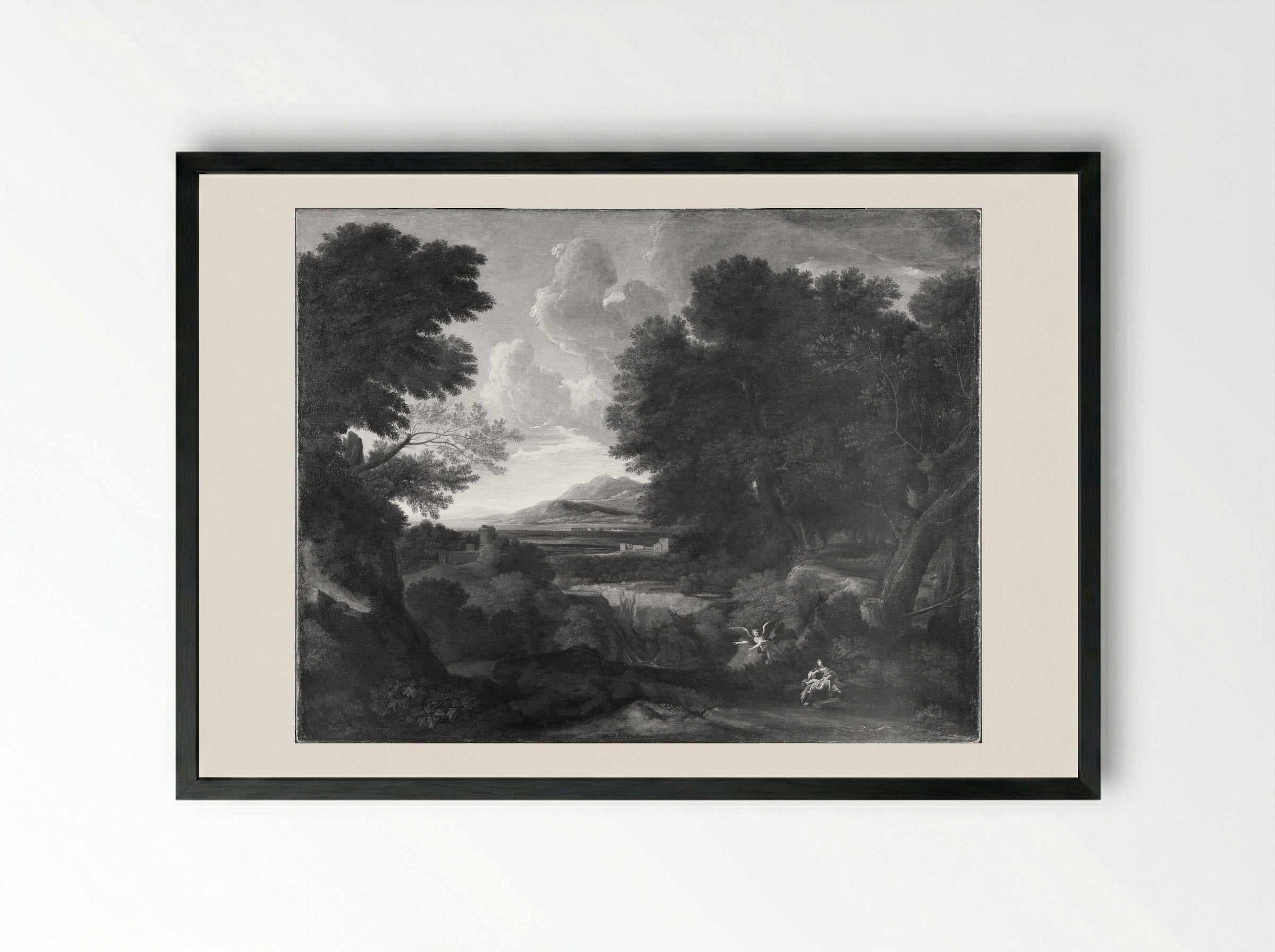 Hagar and Ishmael in a Southern Wooded Landscape - Gaspard Dughet - Framed Print Black