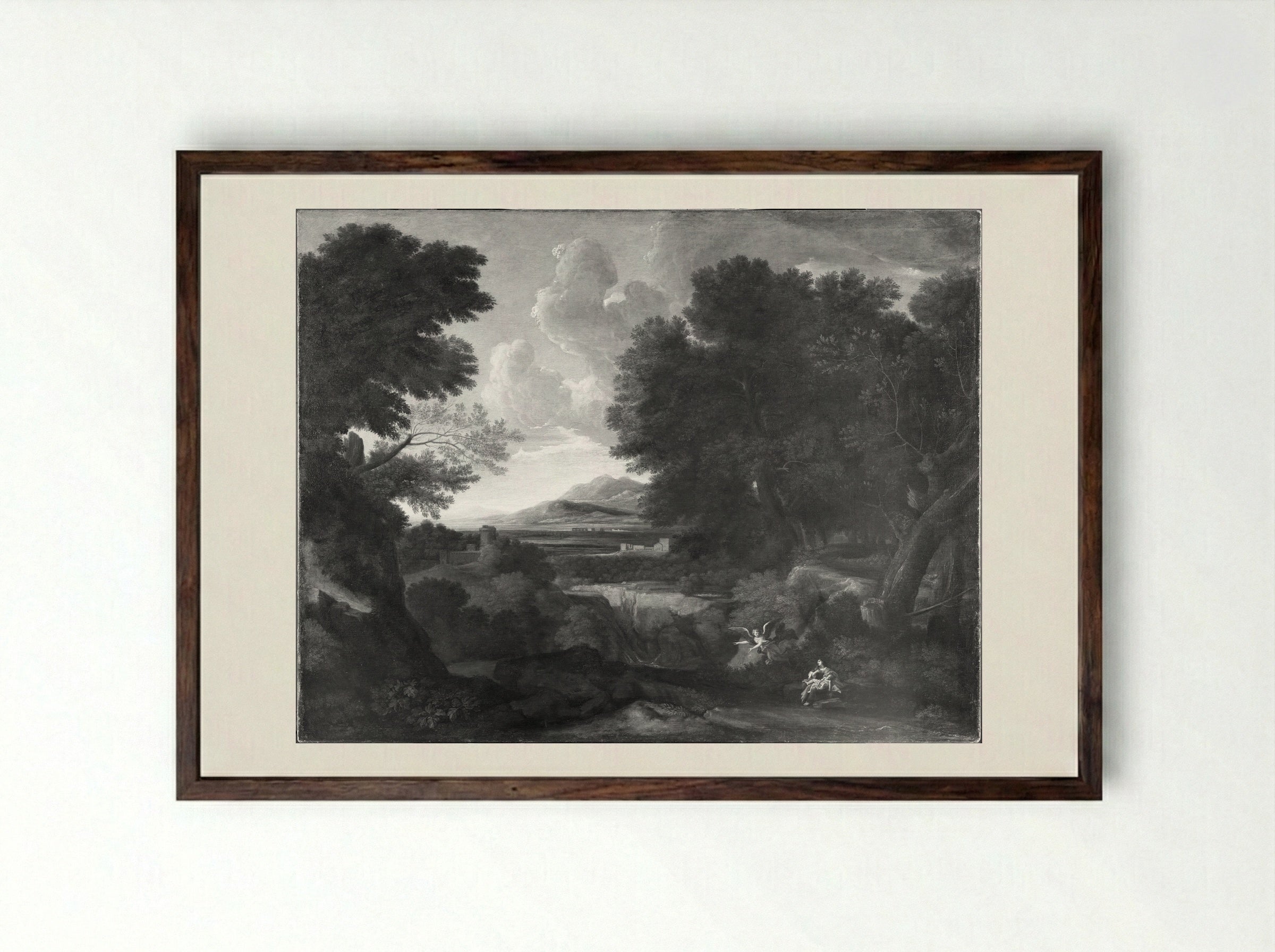 Hagar and Ishmael in a Southern Wooded Landscape - Gaspard Dughet - Framed Print Dark Wood