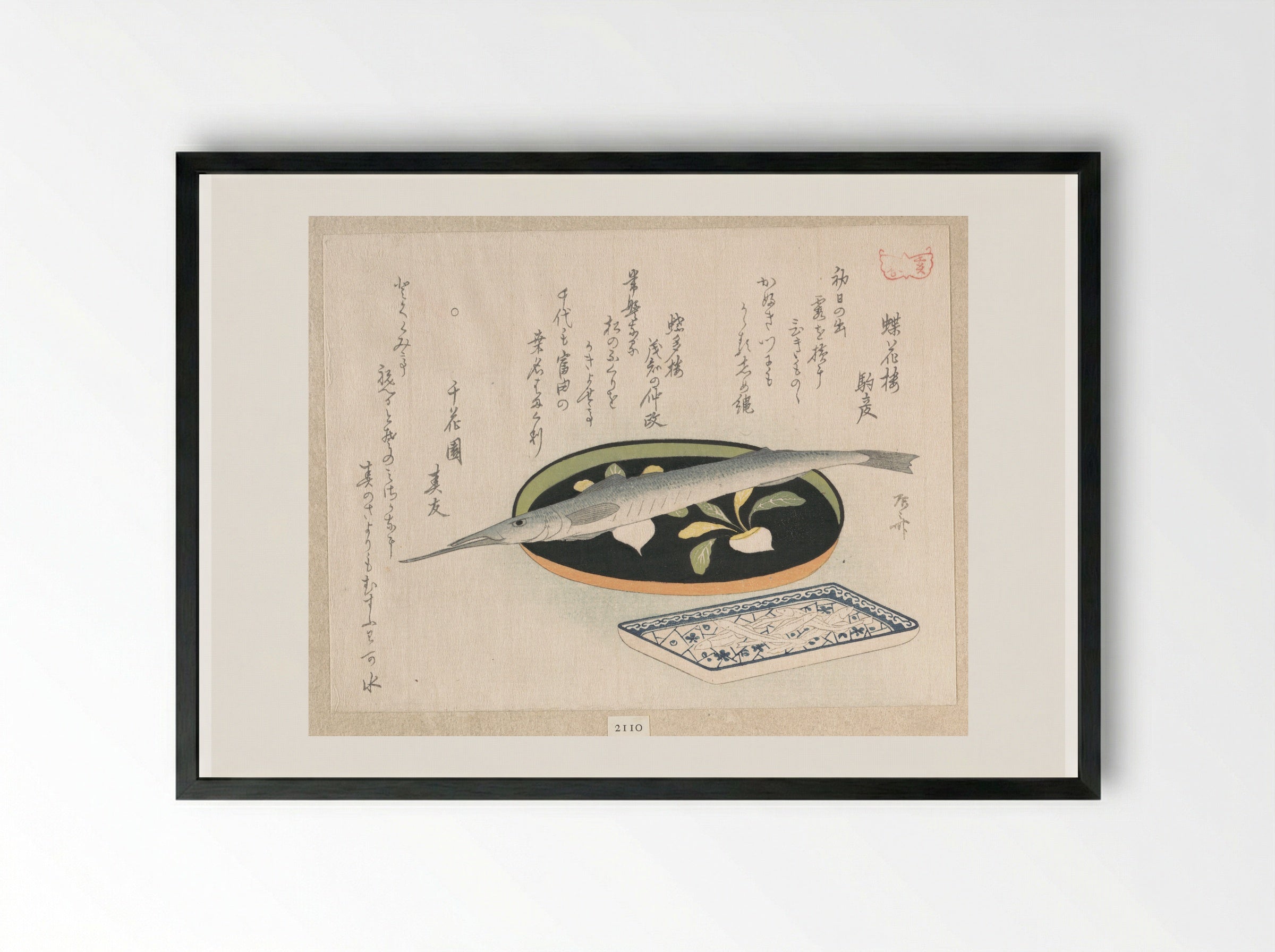 Halfbeak on a Lacquer Tray with Turnips and White Baits on a Porcelain Dish with Plum Blossoms on Broken Ice - Ryūryūkyo Shinsai - Framed Print Black