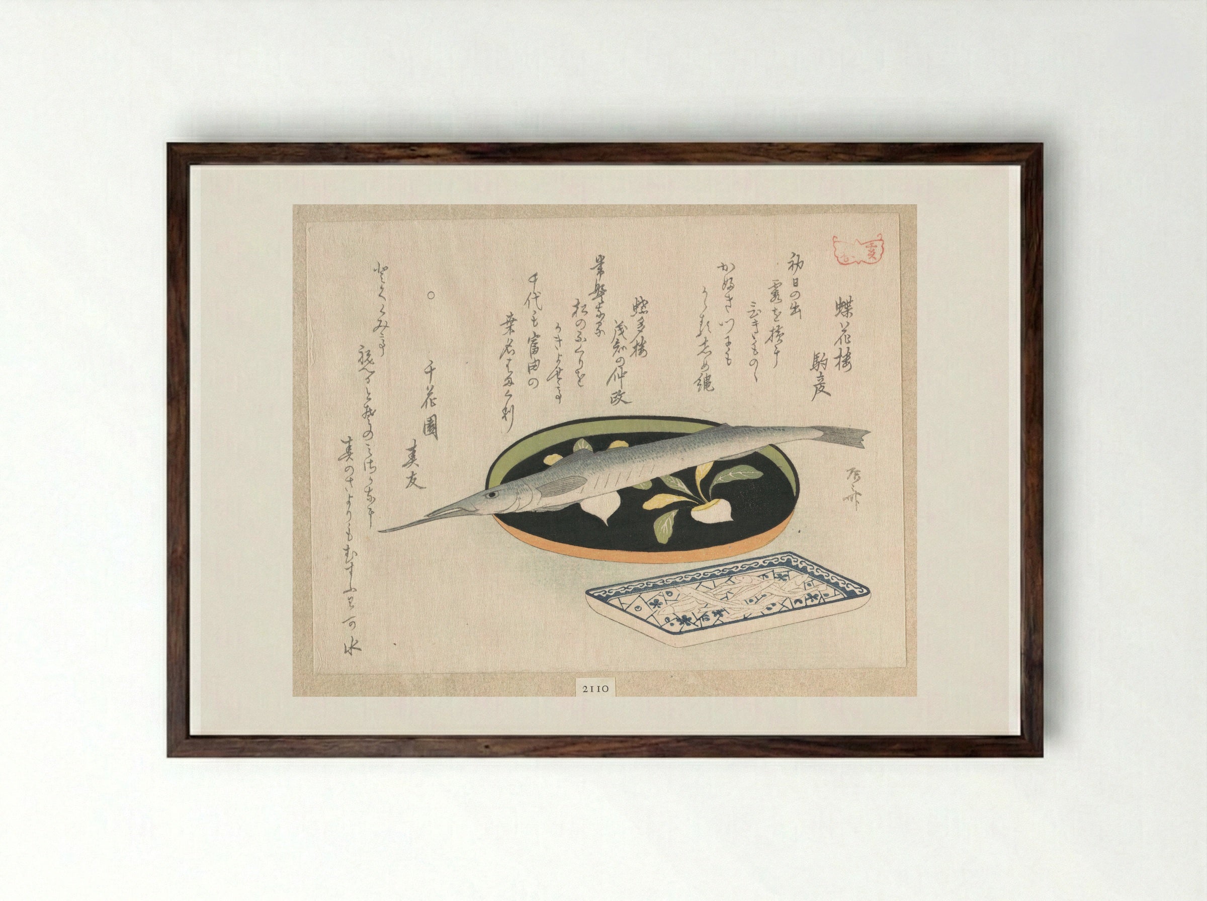 Halfbeak on a Lacquer Tray with Turnips and White Baits on a Porcelain Dish with Plum Blossoms on Broken Ice - Ryūryūkyo Shinsai - Framed Print Dark Wood