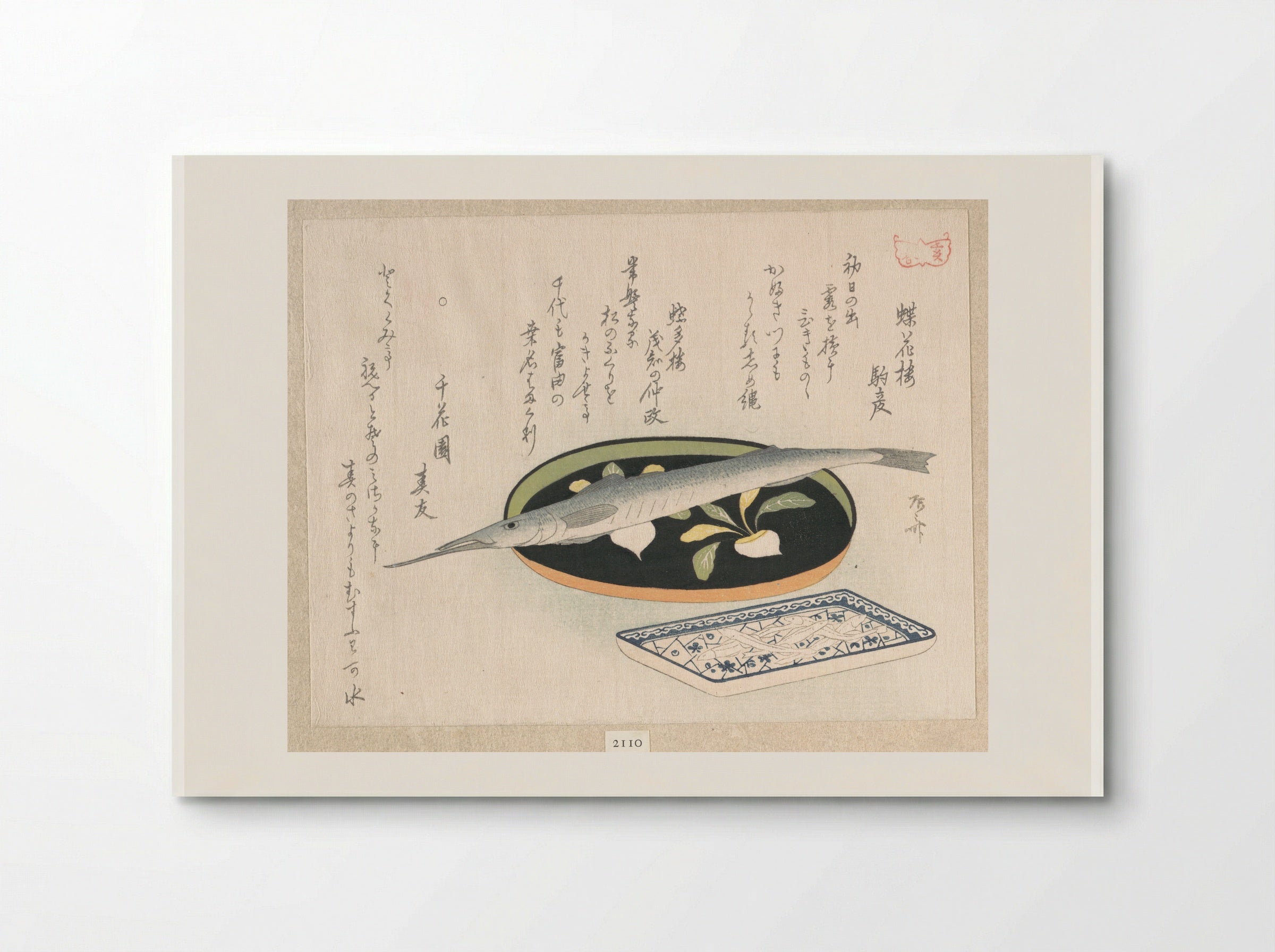 Halfbeak on a Lacquer Tray with Turnips and White Baits on a Porcelain Dish with Plum Blossoms on Broken Ice - Ryūryūkyo Shinsai - Poster