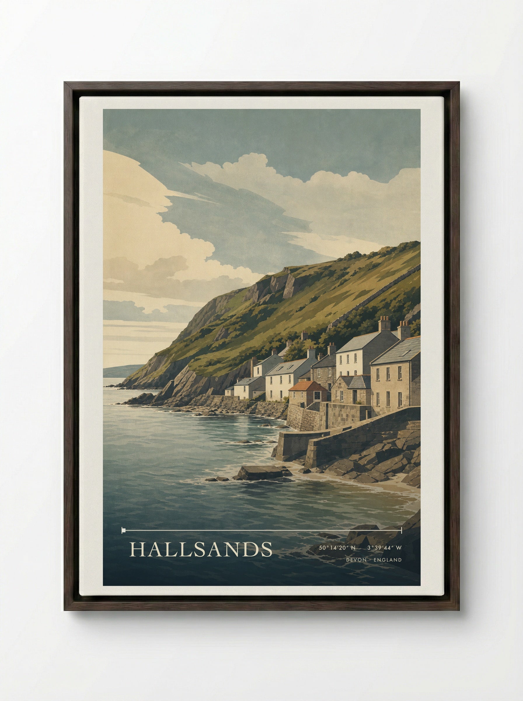 Hallsands Devon England Travel Poster - Framed Canvas Dark Wood