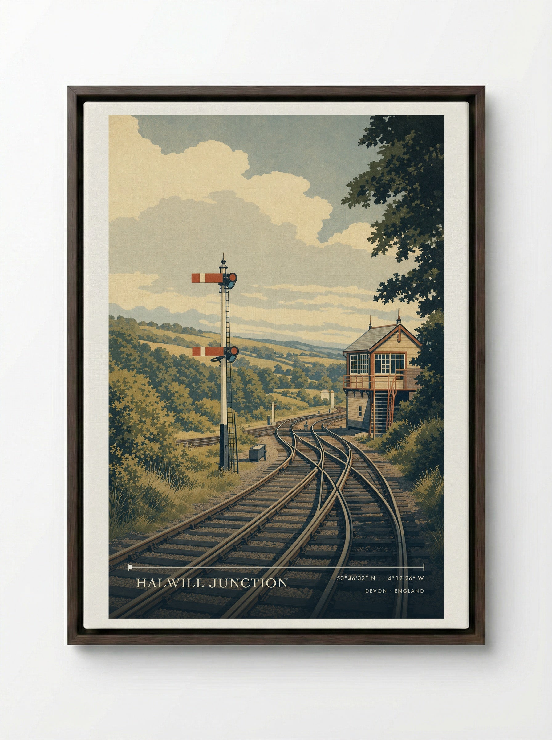 Halwill Junction Devon England Travel Poster - Framed Canvas Dark Wood