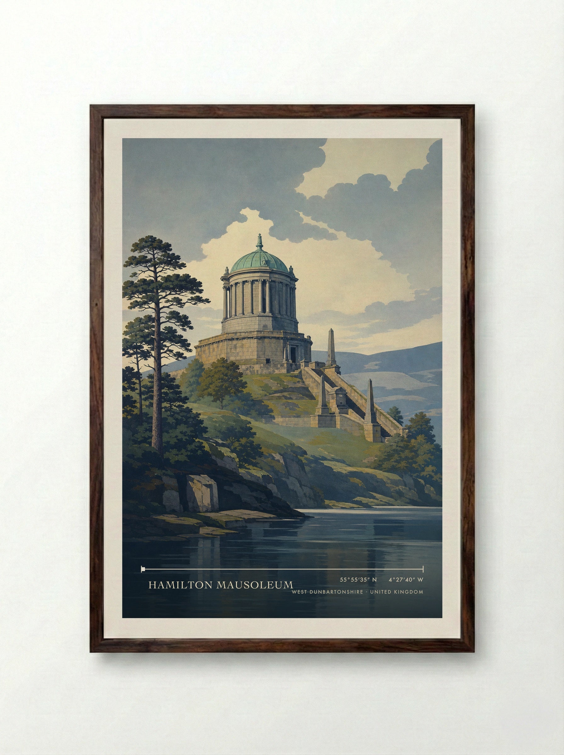 Hamilton Mausoleum West Dunbartonshire United Kingdom Travel Poster - Framed Print Dark Wood