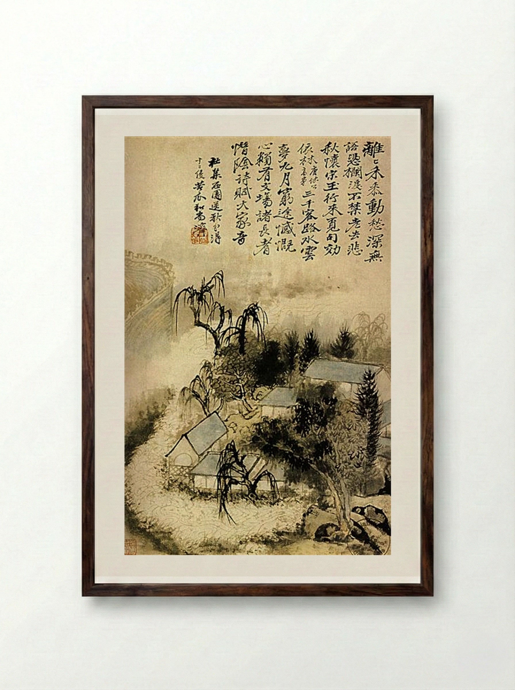 Hamlet in the Autumn Mist - Shitao - Framed Print Dark Wood