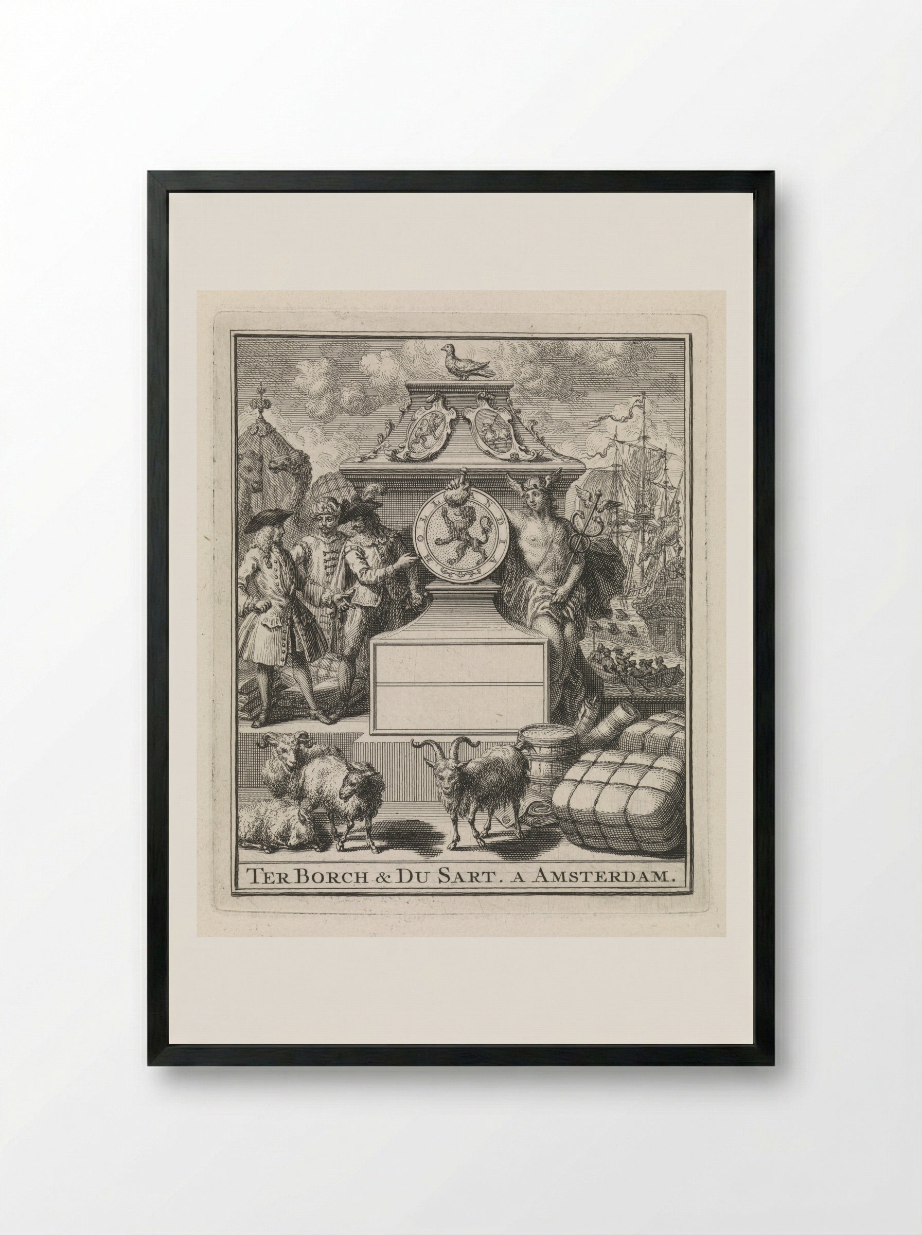 Handelaren en Mercurius naast het wapen van Holland - Pieter Tanjé - Framed Print Black
