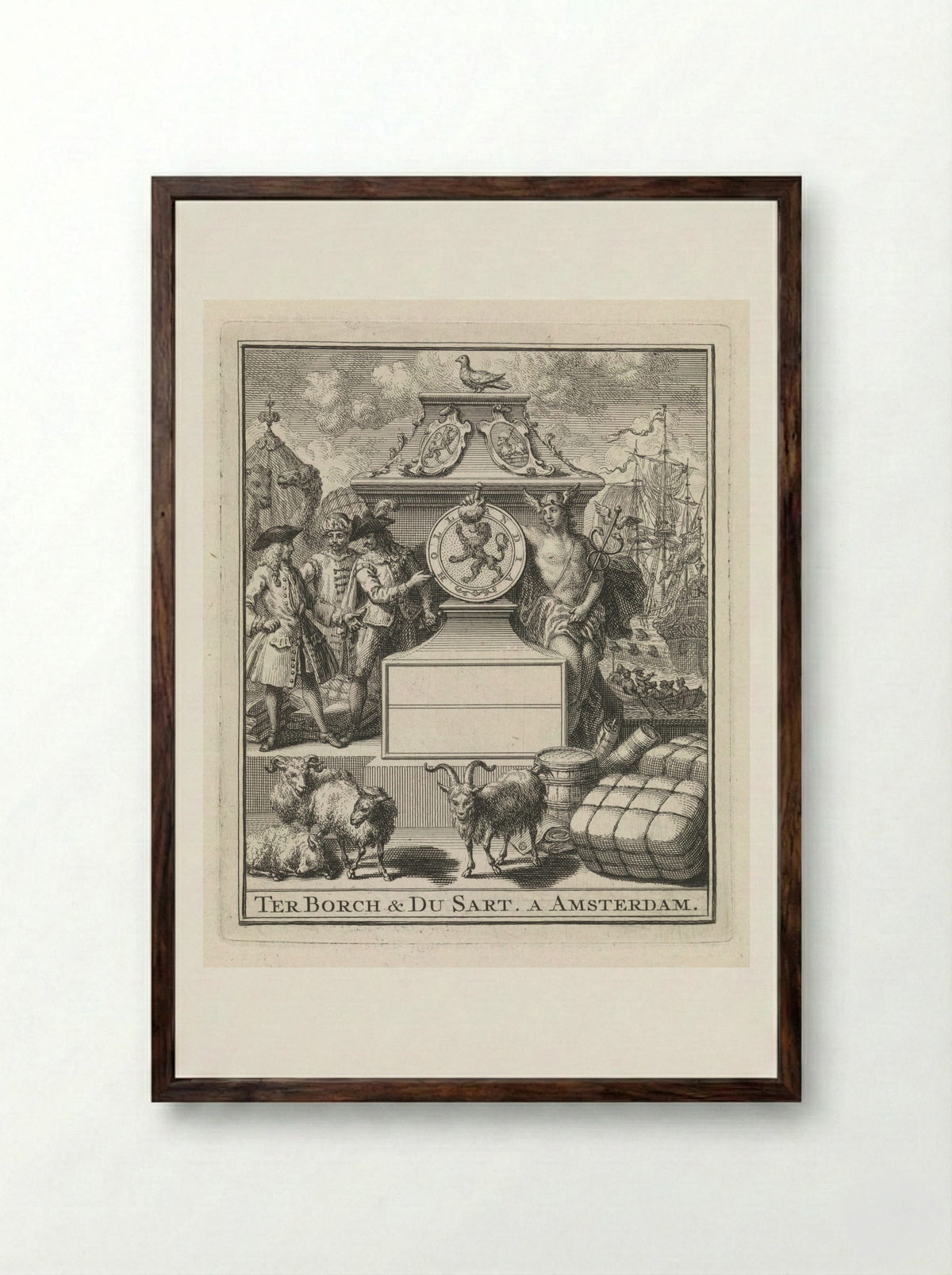 Handelaren en Mercurius naast het wapen van Holland - Pieter Tanjé - Framed Print Dark Wood