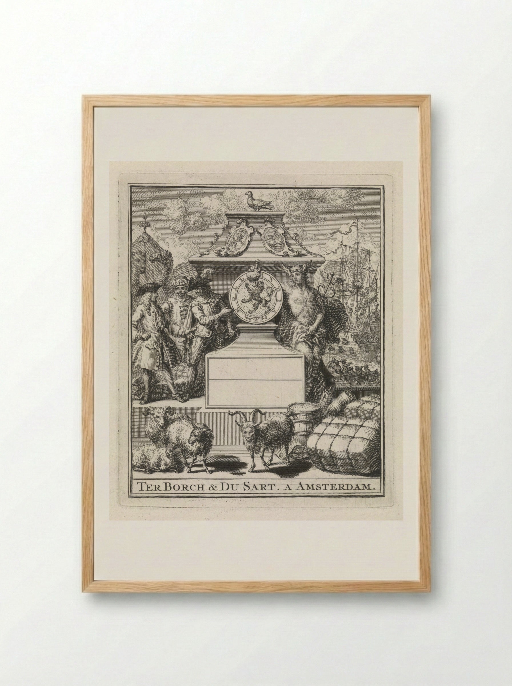 Handelaren en Mercurius naast het wapen van Holland - Pieter Tanjé - Framed Print Wood