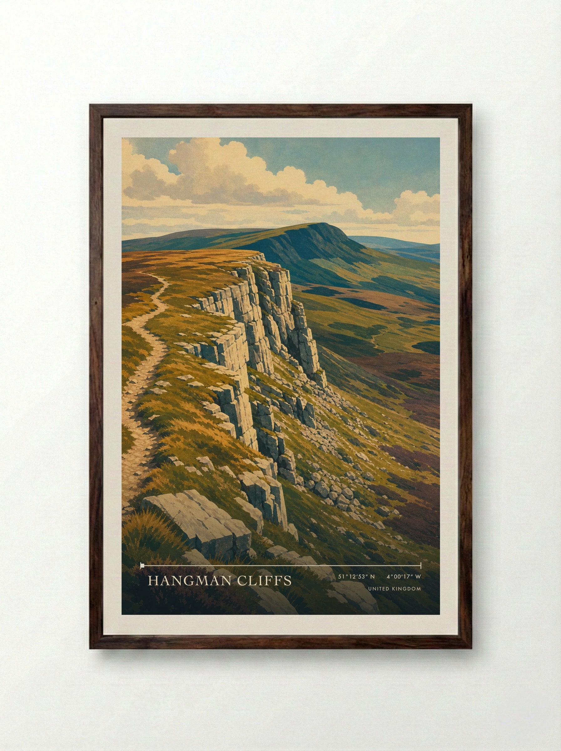 Hangman Cliffs United Kingdom Travel Poster - Framed Print Dark Wood