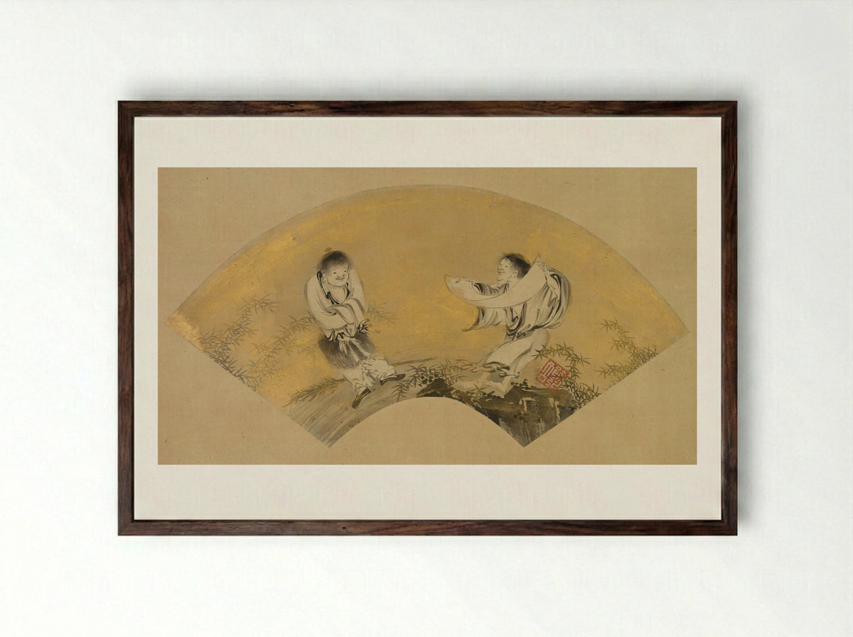 Hanshan and Shide (Kanzan and Jittoku) - Shikibu Terutada - Framed Print Dark Wood