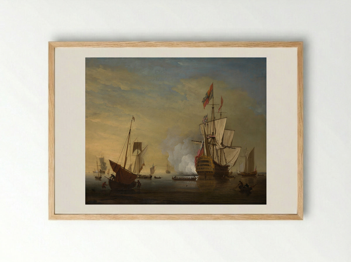 Harbor Scene: An English Ship with Sails Loosened Firing a Gun - Peter Monamy - Framed Print Wood