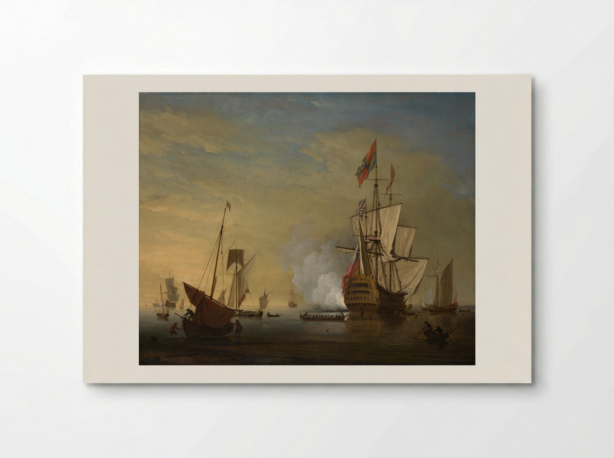 Harbor Scene: An English Ship with Sails Loosened Firing a Gun - Peter Monamy - Poster