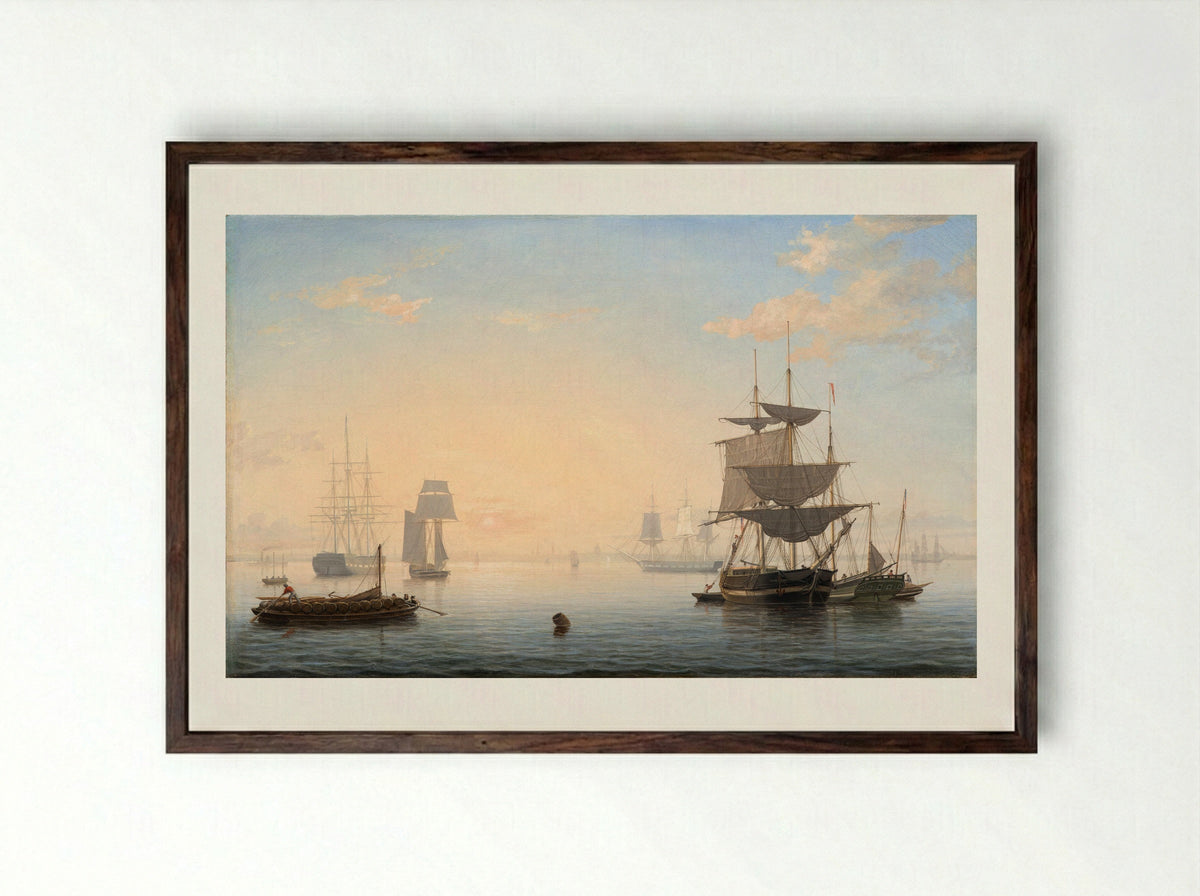 Harbor of Boston, with the City in the Distance - Fitz Henry Lane - Framed Print Dark Wood