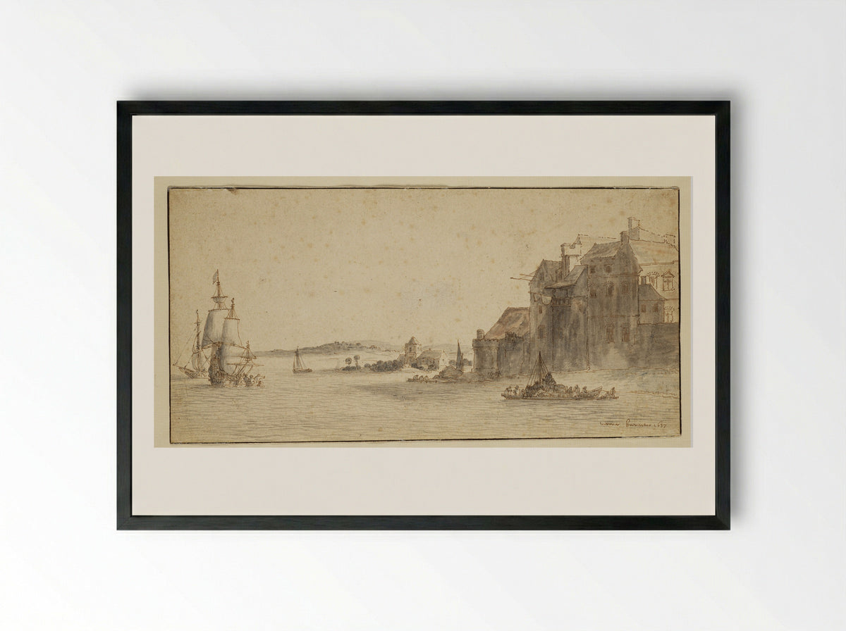 Harbor with Ships Reloading Supplies - Abraham de Verwer - Framed Print Black