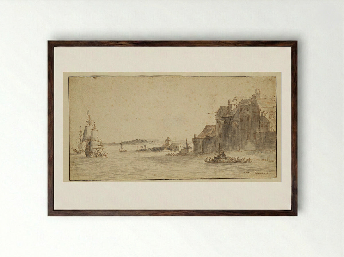 Harbor with Ships Reloading Supplies - Abraham de Verwer - Framed Print Dark Wood