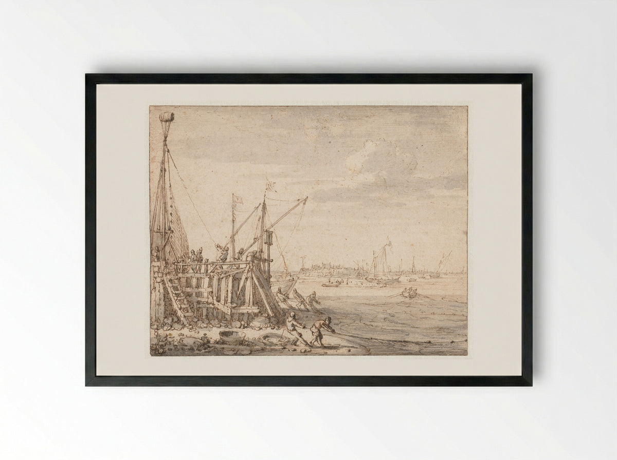 Harbour Pier with Fishermen Hauling Nets - Cornelis Claesz van Wieringen - Framed Print Black