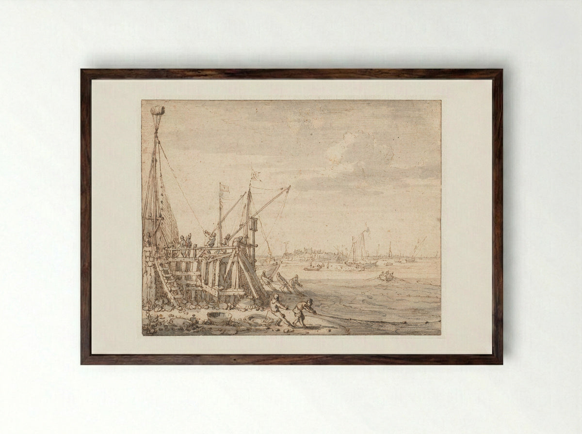 Harbour Pier with Fishermen Hauling Nets - Cornelis Claesz van Wieringen - Framed Print Dark Wood